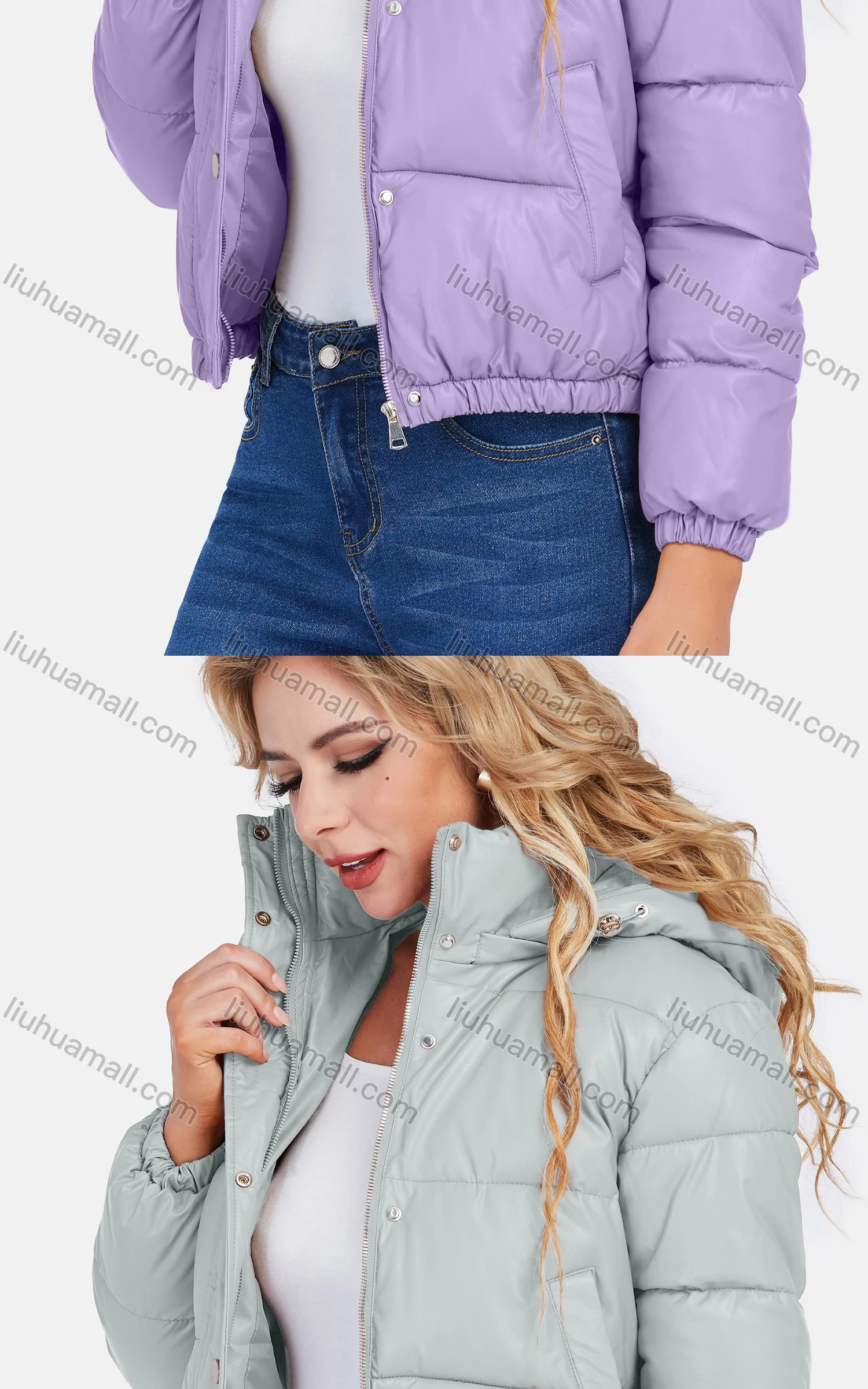 Wholesale Women's Casual Zipper Plain Hooded Crop Leather Jacket - Liuhuamall