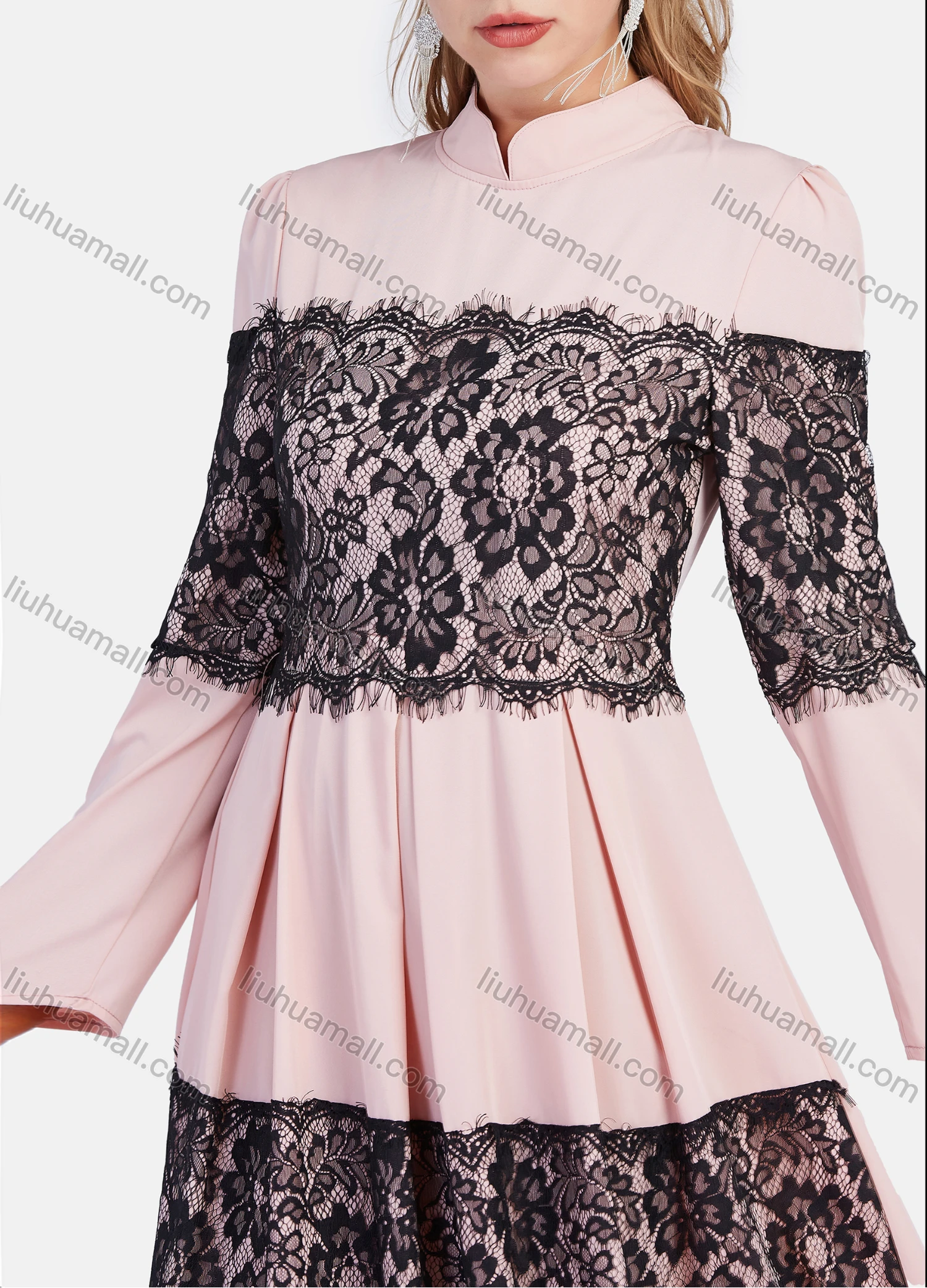 Wholesale Women's Elegant A-Line Long Sleeve Mesh Lace Mandarin Collar Maxi Dress - Liuhuamall
