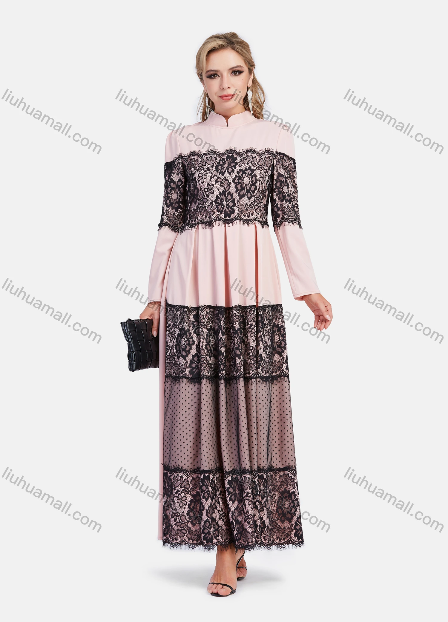 Wholesale Women's Elegant A-Line Long Sleeve Mesh Lace Mandarin Collar Maxi Dress - Liuhuamall