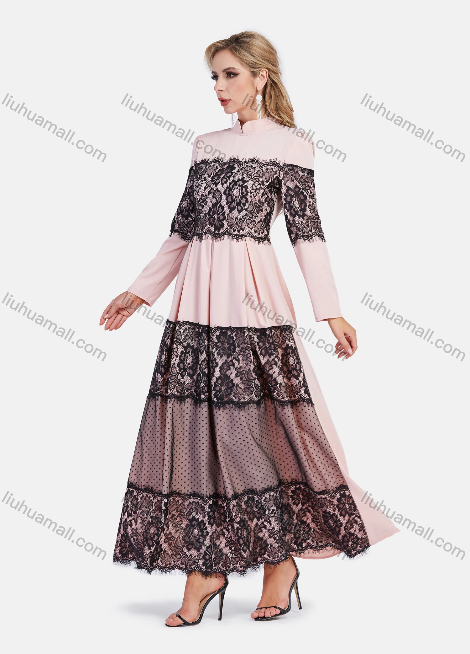 Wholesale Women's Elegant A-Line Long Sleeve Mesh Lace Mandarin Collar Maxi Dress - Liuhuamall