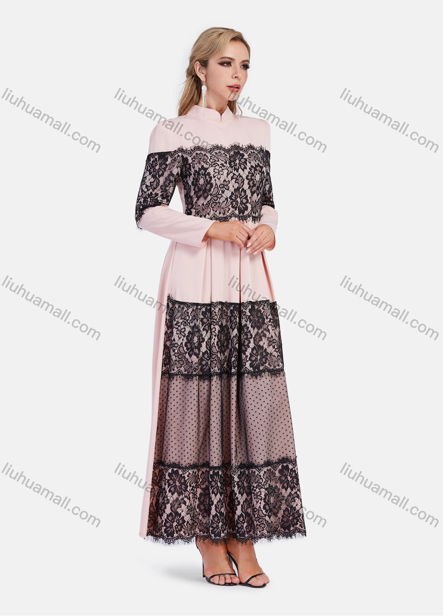 Wholesale Women's Elegant A-Line Long Sleeve Mesh Lace Mandarin Collar Maxi Dress - Liuhuamall