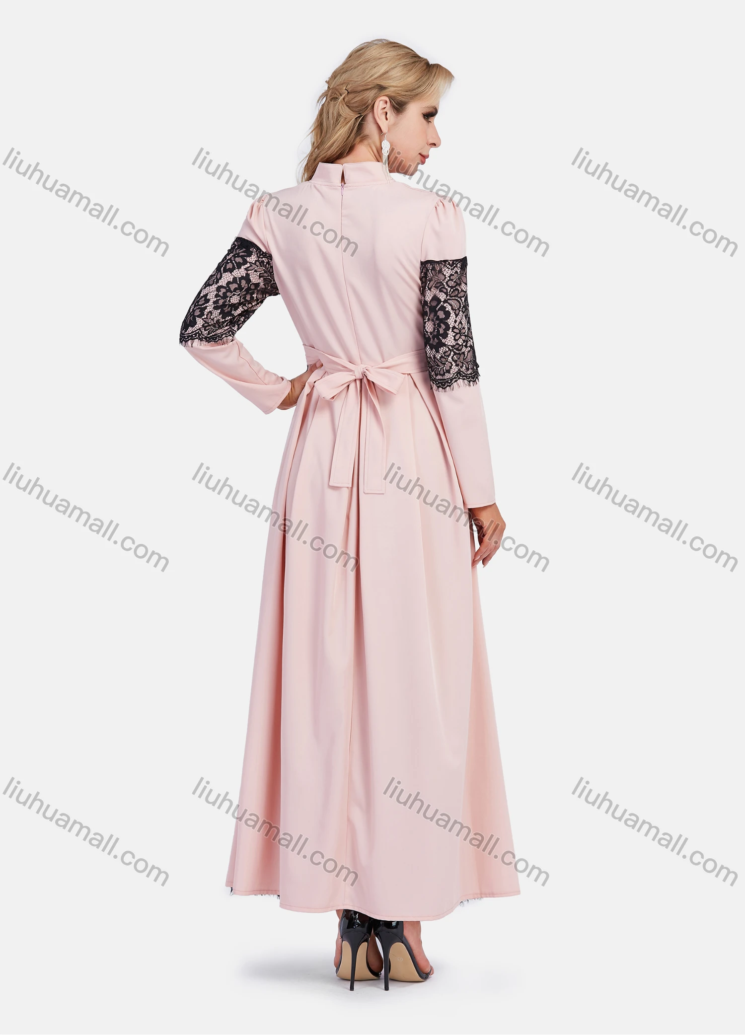 Wholesale Women's Elegant A-Line Long Sleeve Mesh Lace Mandarin Collar Maxi Dress - Liuhuamall