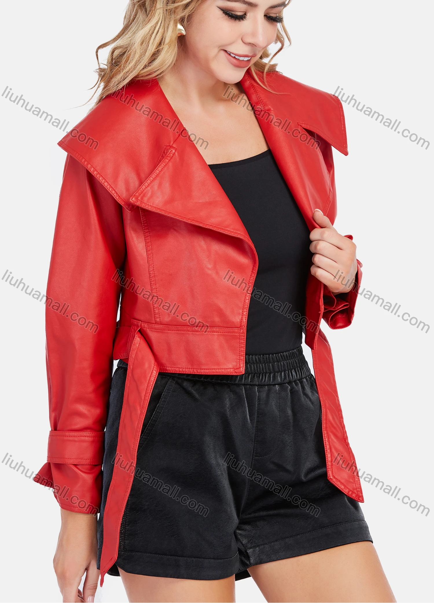 Wholesale Women's Fashion Plain Crop Leather Jacket With Belt - Liuhuamall