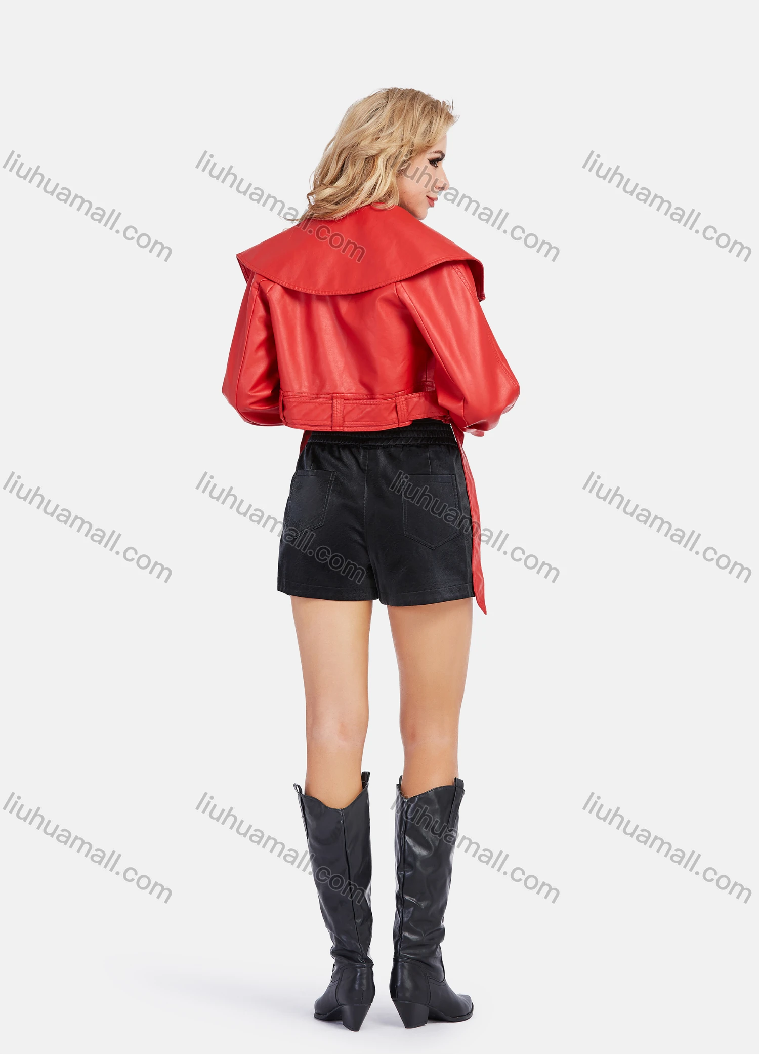 Wholesale Women's Fashion Plain Crop Leather Jacket With Belt - Liuhuamall