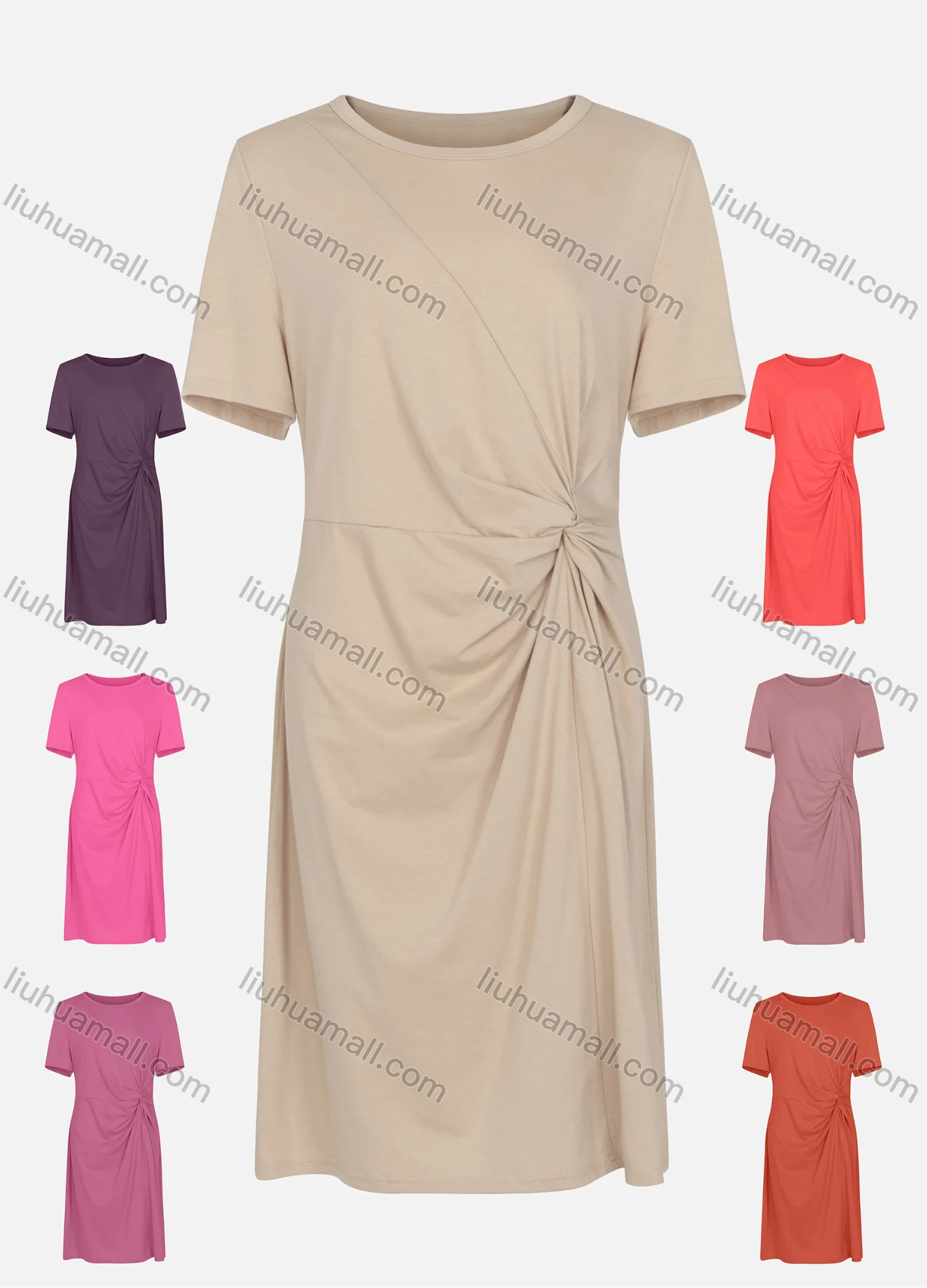 Wholesale Women's Casual Plain Round Neck Short Sleeve Twist Tee Dress - Liuhuamall