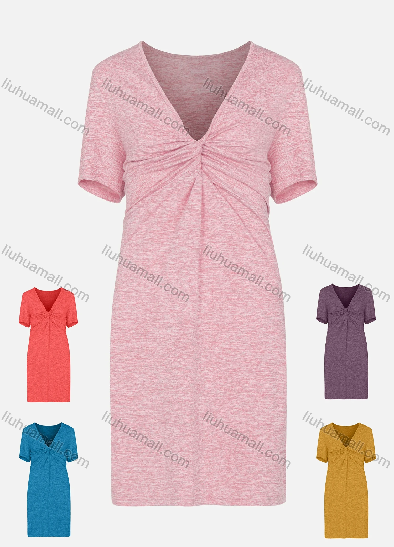 Wholesale Women's Space Dye Short Sleeve Deep V Neck Twist Front Casual Short Dress - Liuhuamall