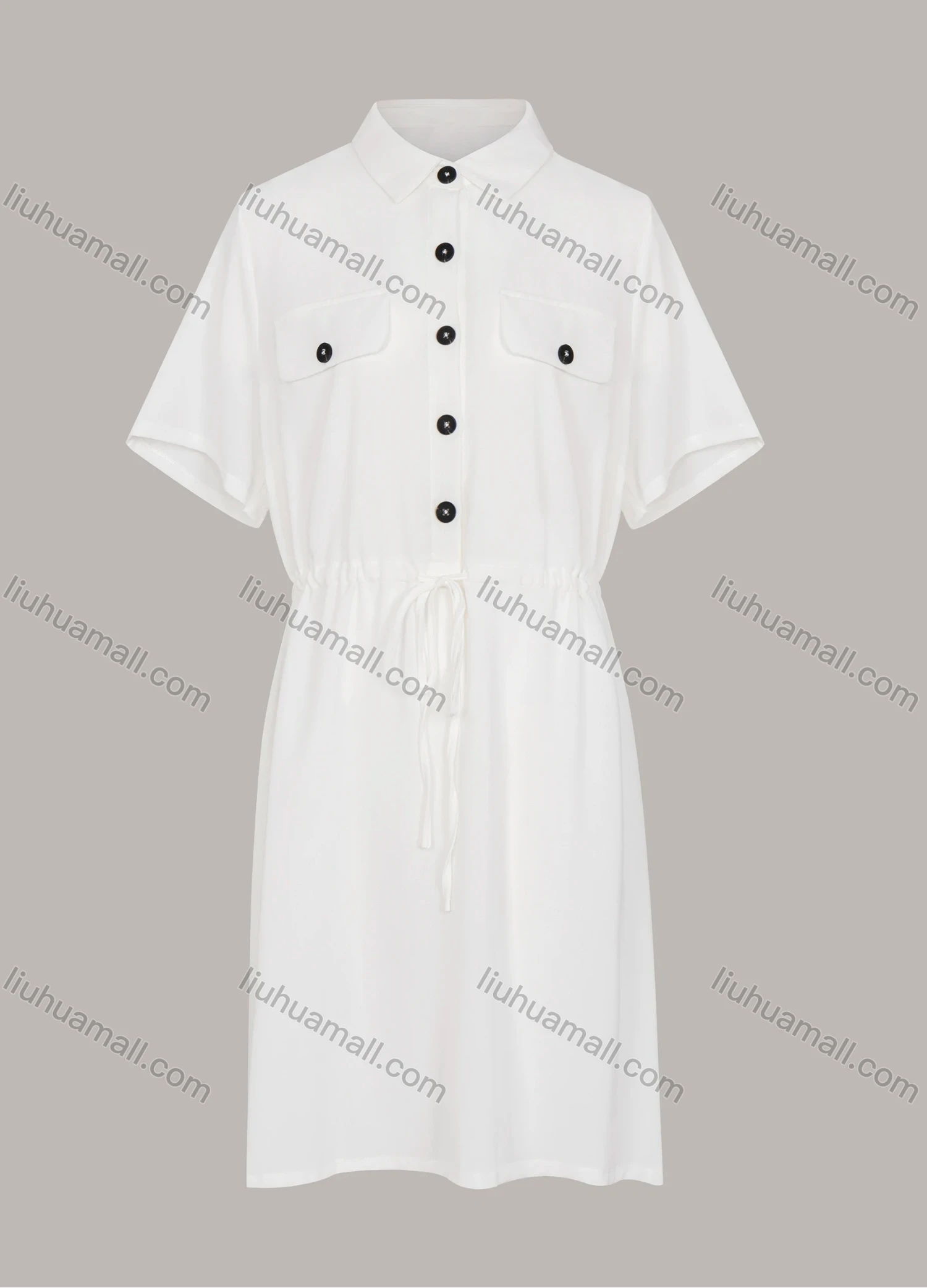 Wholesale Women's Drawstring Waist Button Front Collared Casual Dress - Liuhuamall