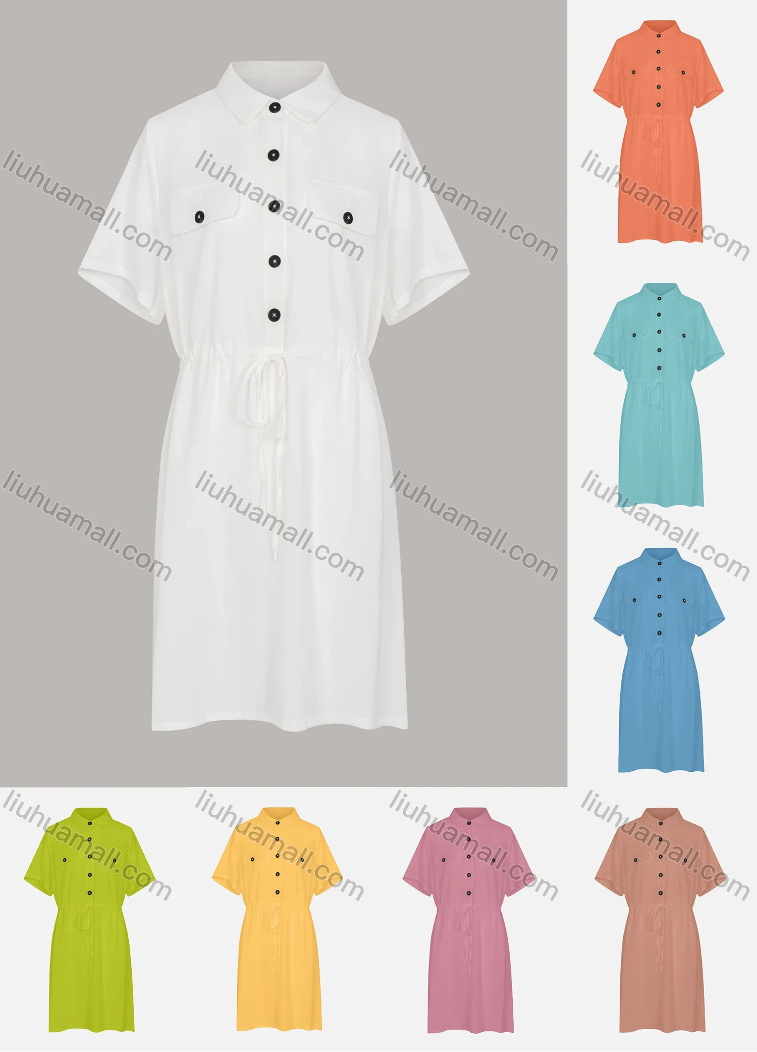 Wholesale Women's Drawstring Waist Button Front Collared Casual Dress - Liuhuamall