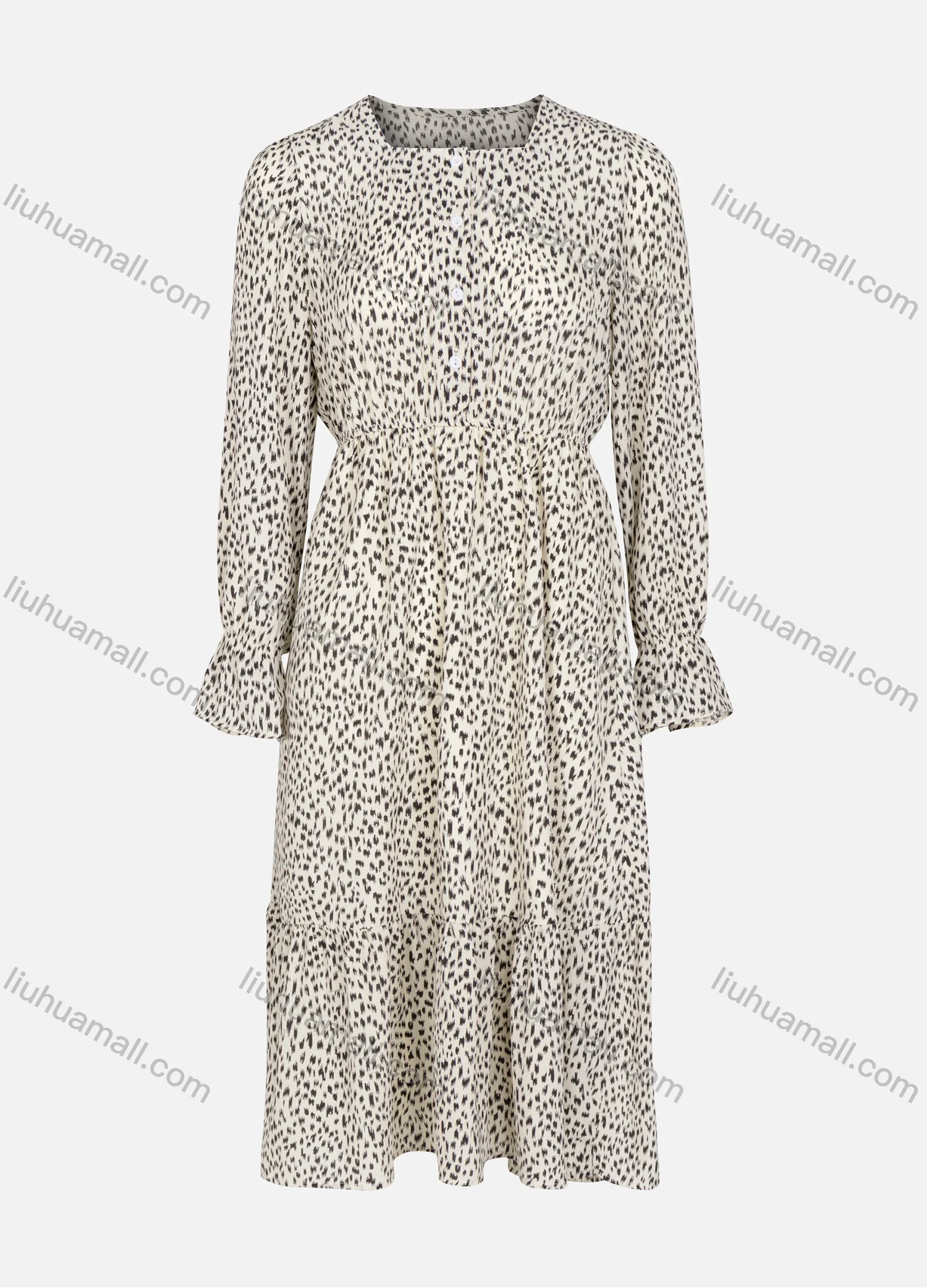 Wholesale Women's Square Collar Poet Sleeve Leopard Print Elastic Waist Casual Dress - Liuhuamall