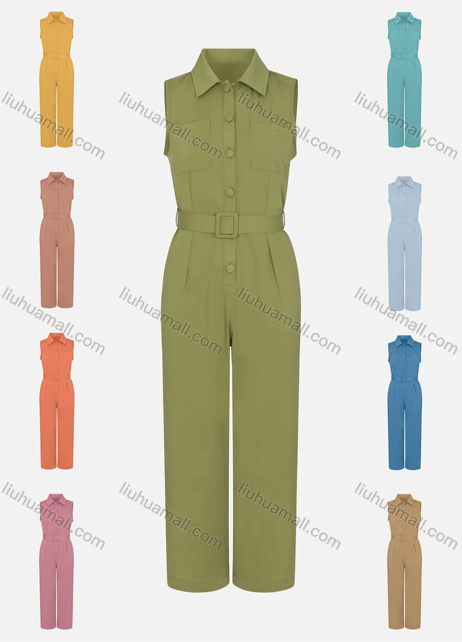 Wholesale Women's Plain Turn Down Collar Sleeveless Button Front Drawstring Patch Pocket Jumpsuit With Belt - Liuhuamall