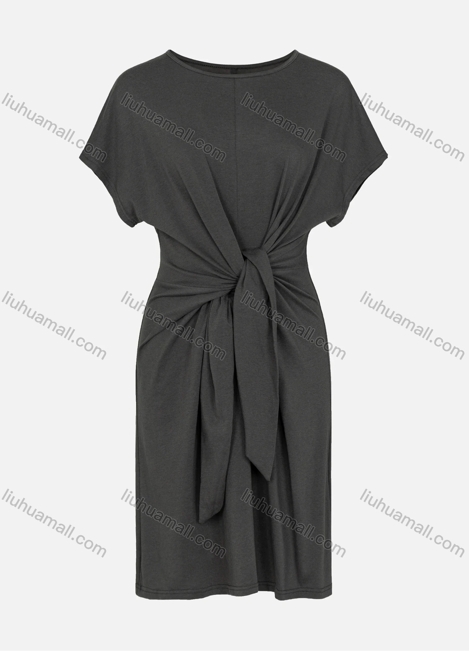 Wholesale Women's Round Neck Short Sleeve Twist Front Plain Casual Tee Dress - Liuhuamall