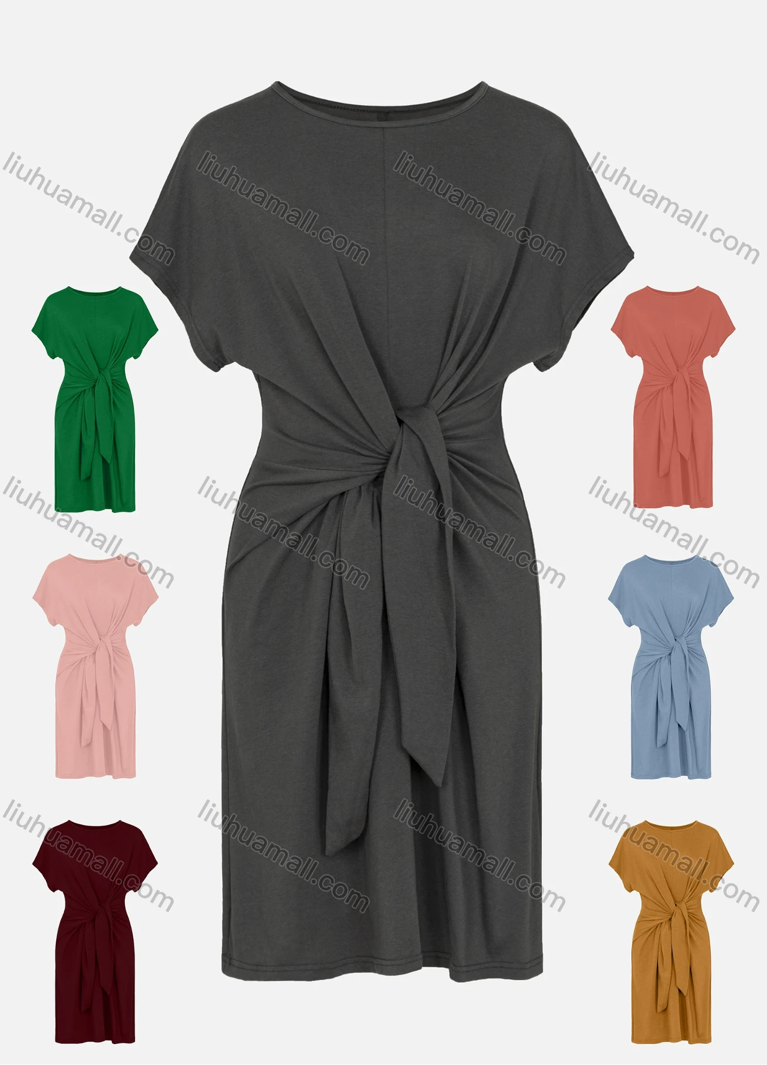 Wholesale Women's Round Neck Short Sleeve Twist Front Plain Casual Tee Dress - Liuhuamall