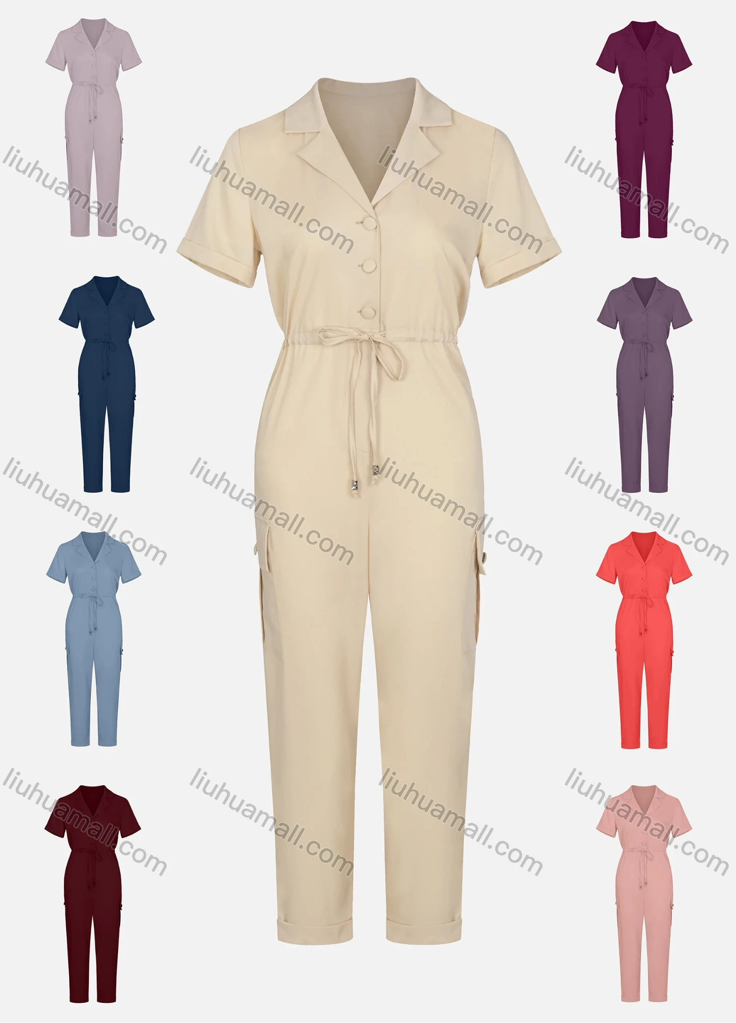 Wholesale Women's Lapel Notched Collar Button Front Drawstring Jumpsuit - Liuhuamall