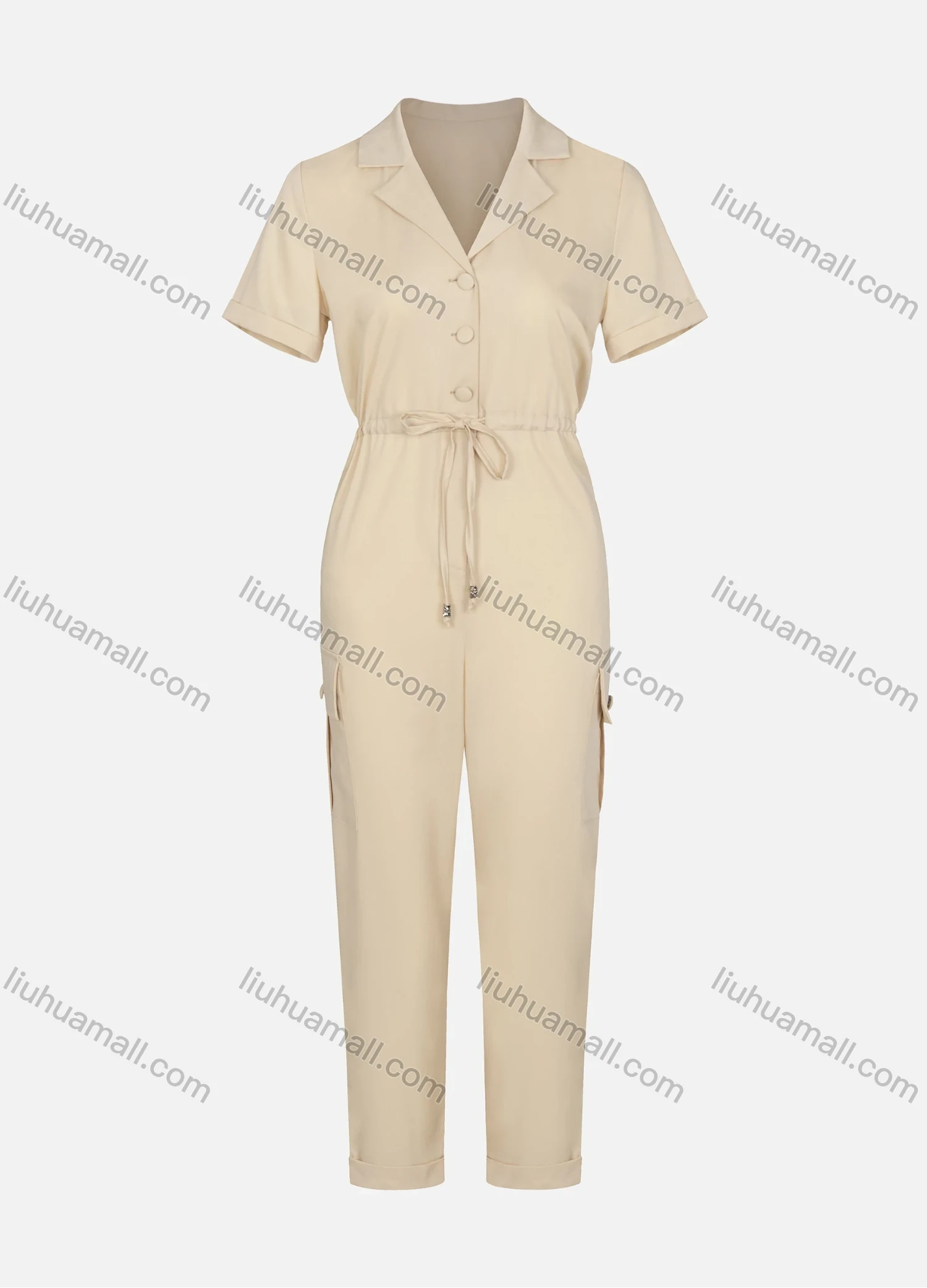 Wholesale Women's Lapel Notched Collar Button Front Drawstring Jumpsuit - Liuhuamall