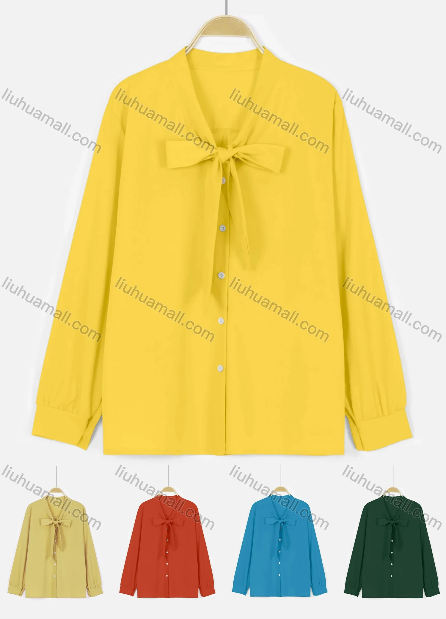 Wholesale Women's Casual Plain Button Down Tie Neck Shirt - Liuhuamall