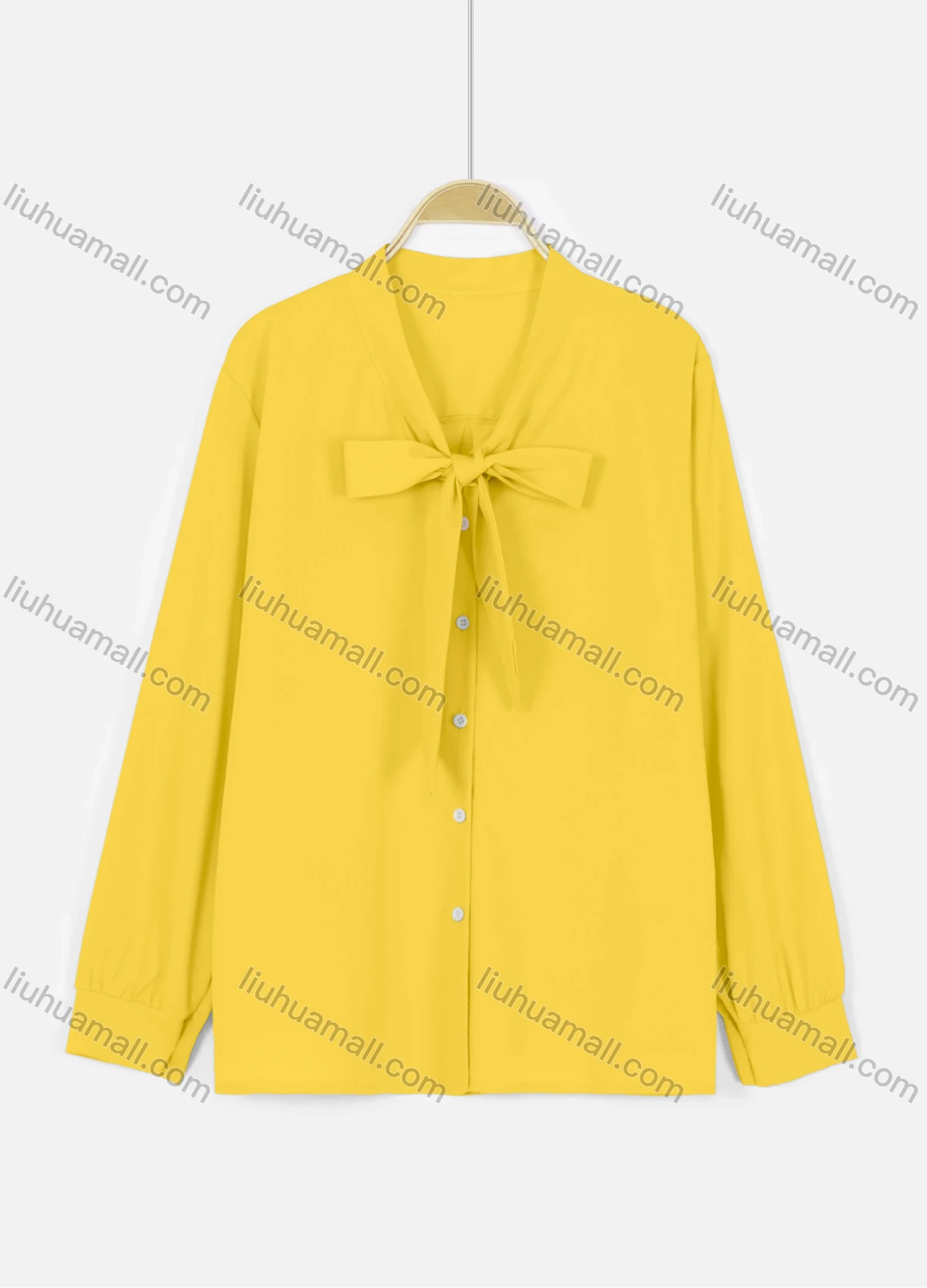 Wholesale Women's Casual Plain Button Down Tie Neck Shirt - Liuhuamall