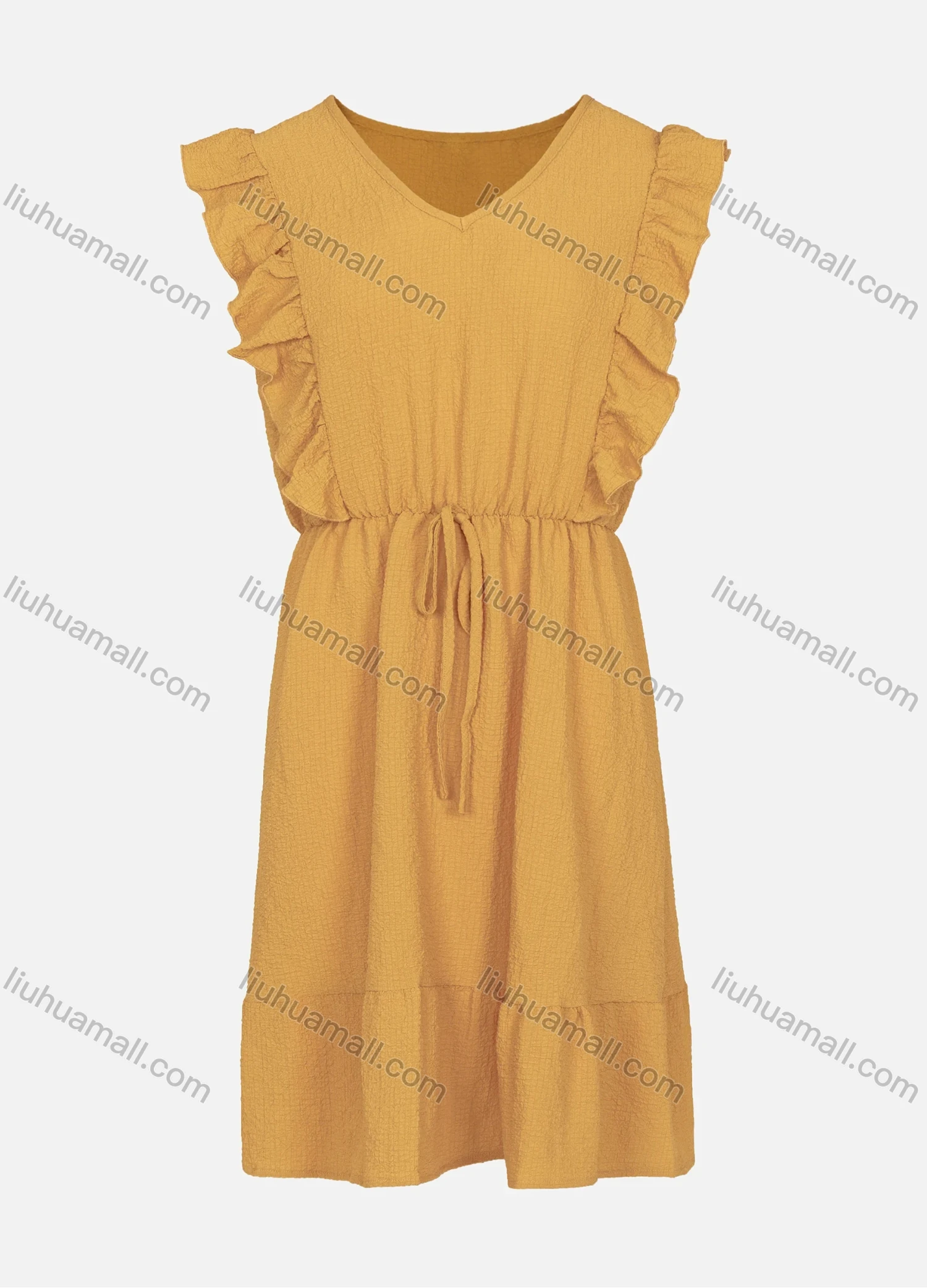 Wholesale Women's Ruffle Cap Sleeve Drawstring Belt Ruffle Hem Plain Casual Dress - Liuhuamall