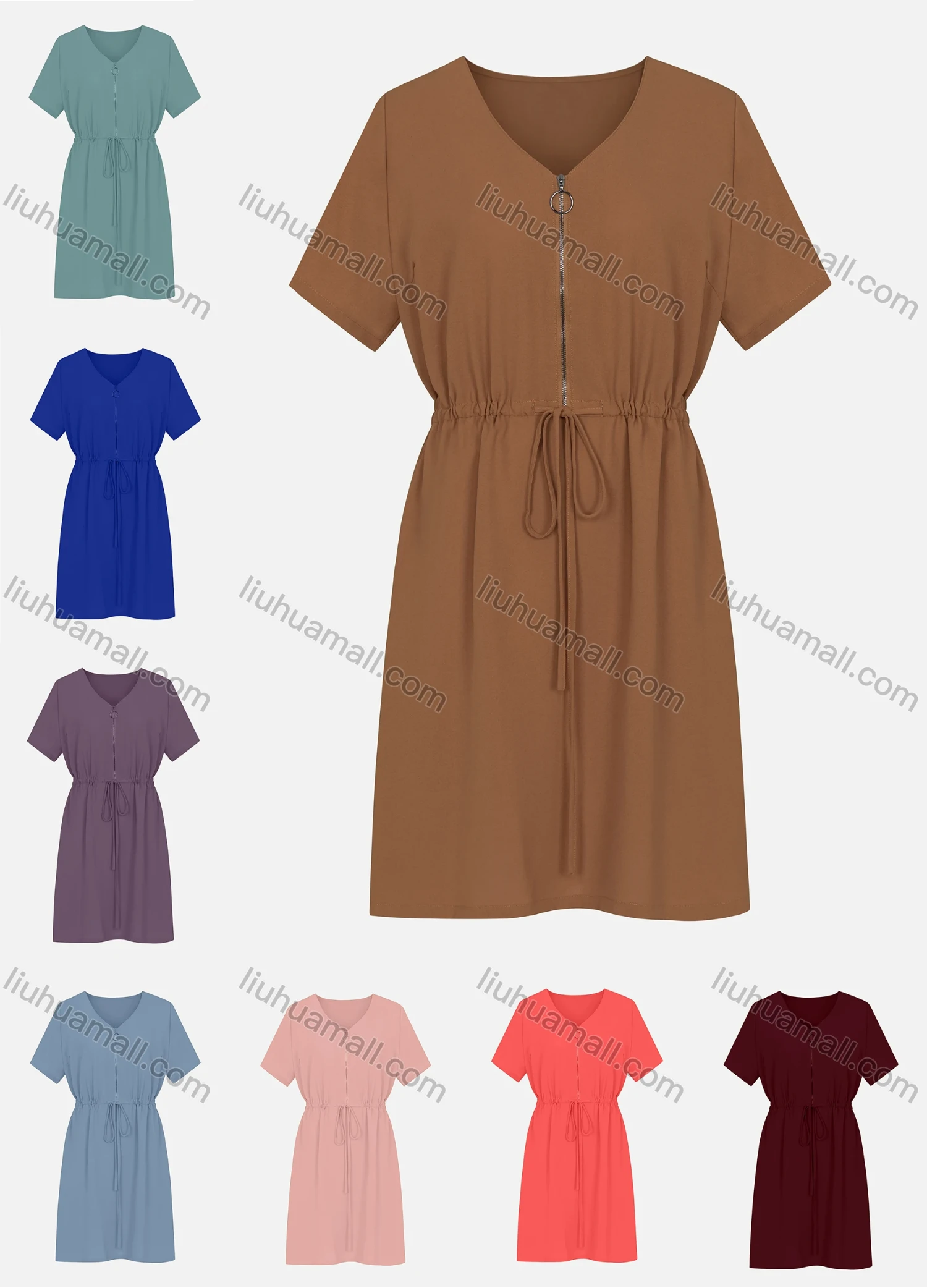 Wholesale Women's Casual Quarter Zip Drawstring Waist Short Sleeve V Neck Dress - Liuhuamall