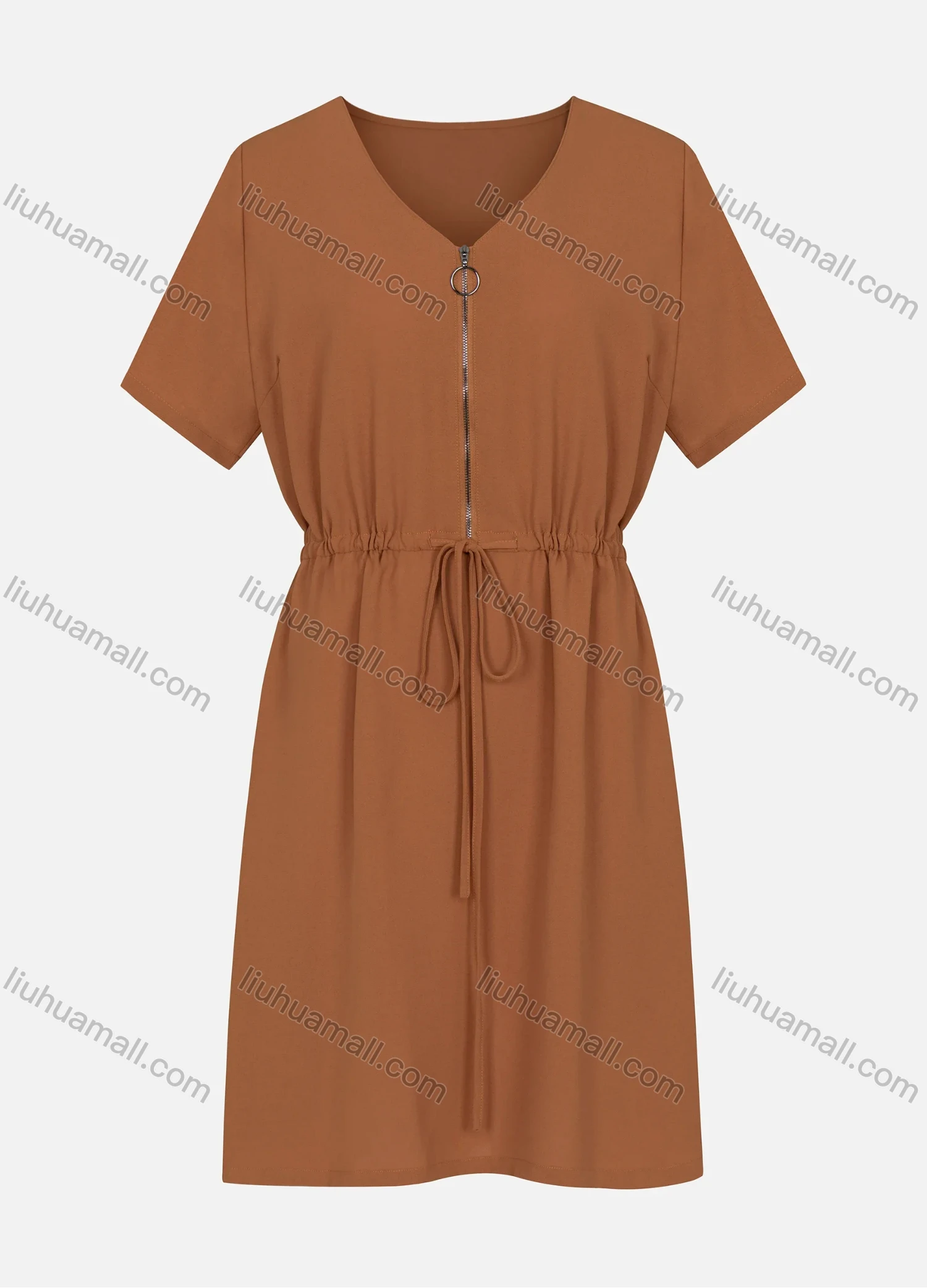 Wholesale Women's Casual Quarter Zip Drawstring Waist Short Sleeve V Neck Dress - Liuhuamall