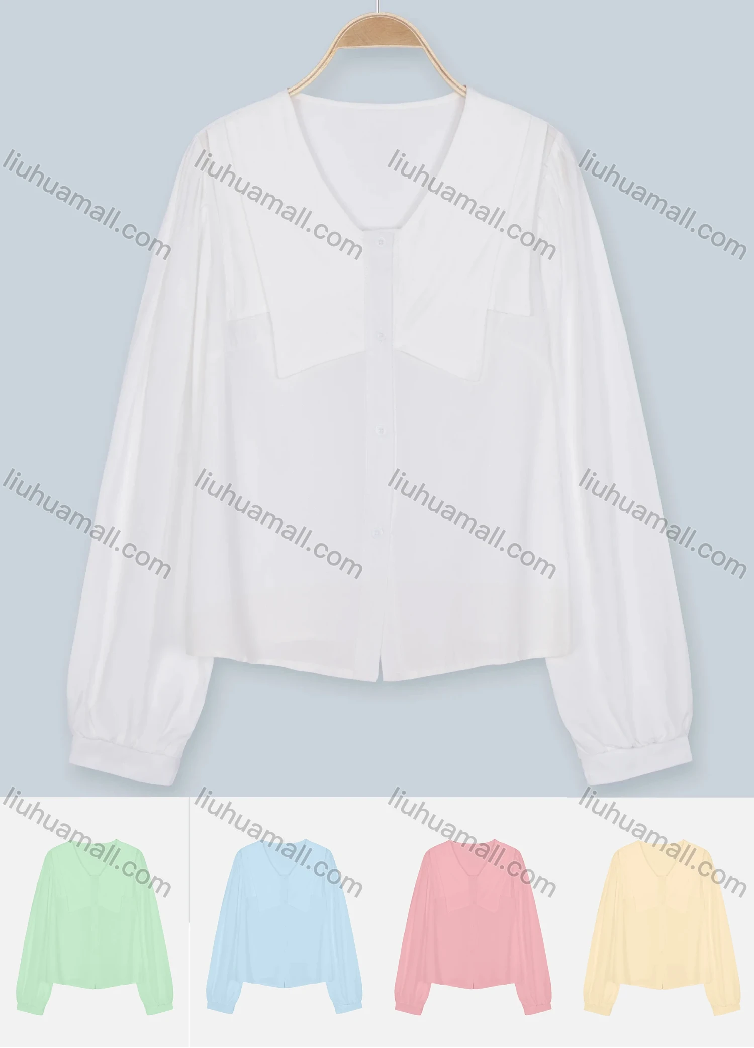 Wholesale Women's Casual Long Sleeve V Neck Lantern Sleeve Button Front Plain Shirt - Liuhuamall