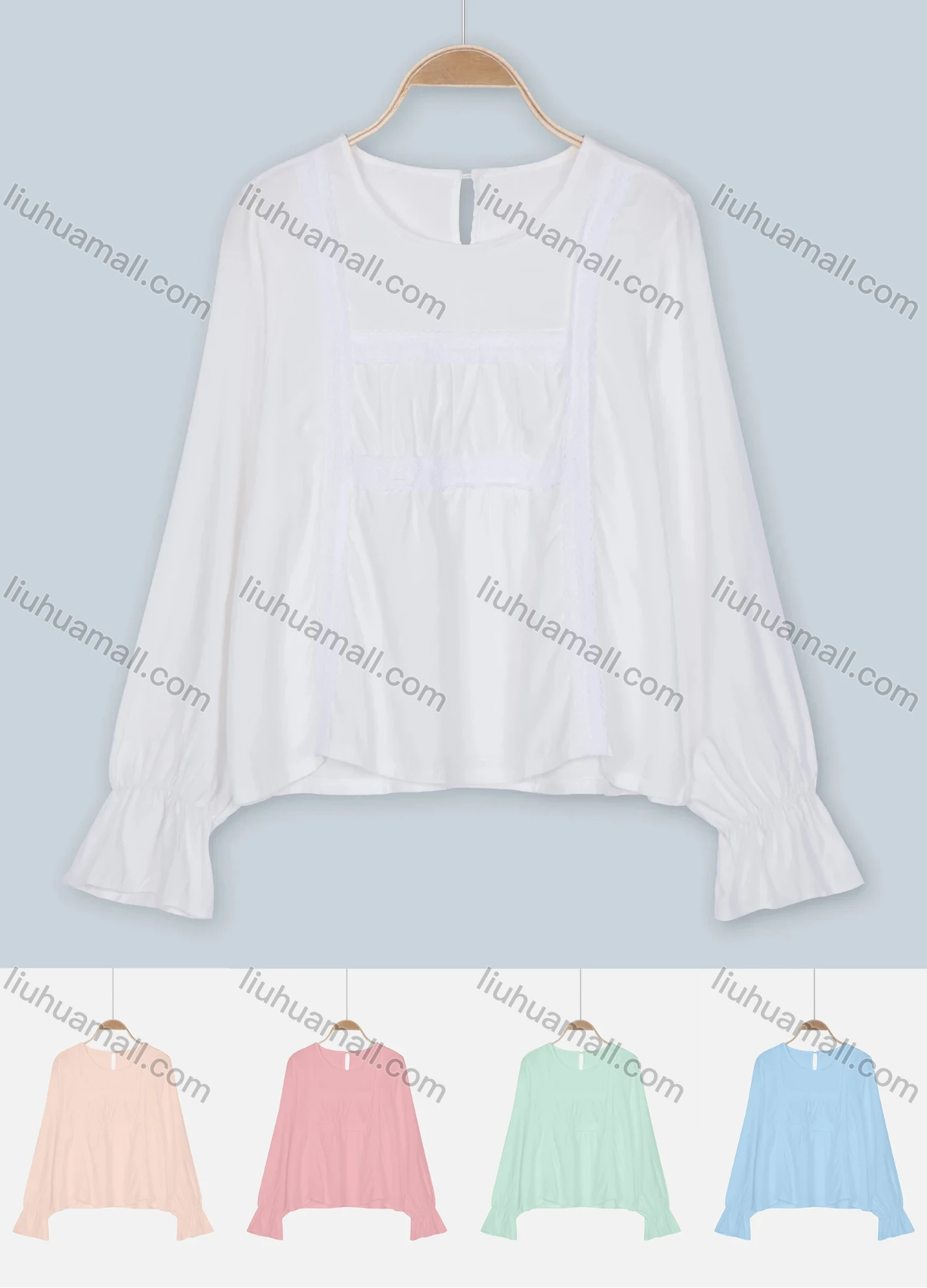 Wholesale Women's Casual Long Sleeve Round Neck Ruffle Sleeve Lace Trim Plain Top - Liuhuamall