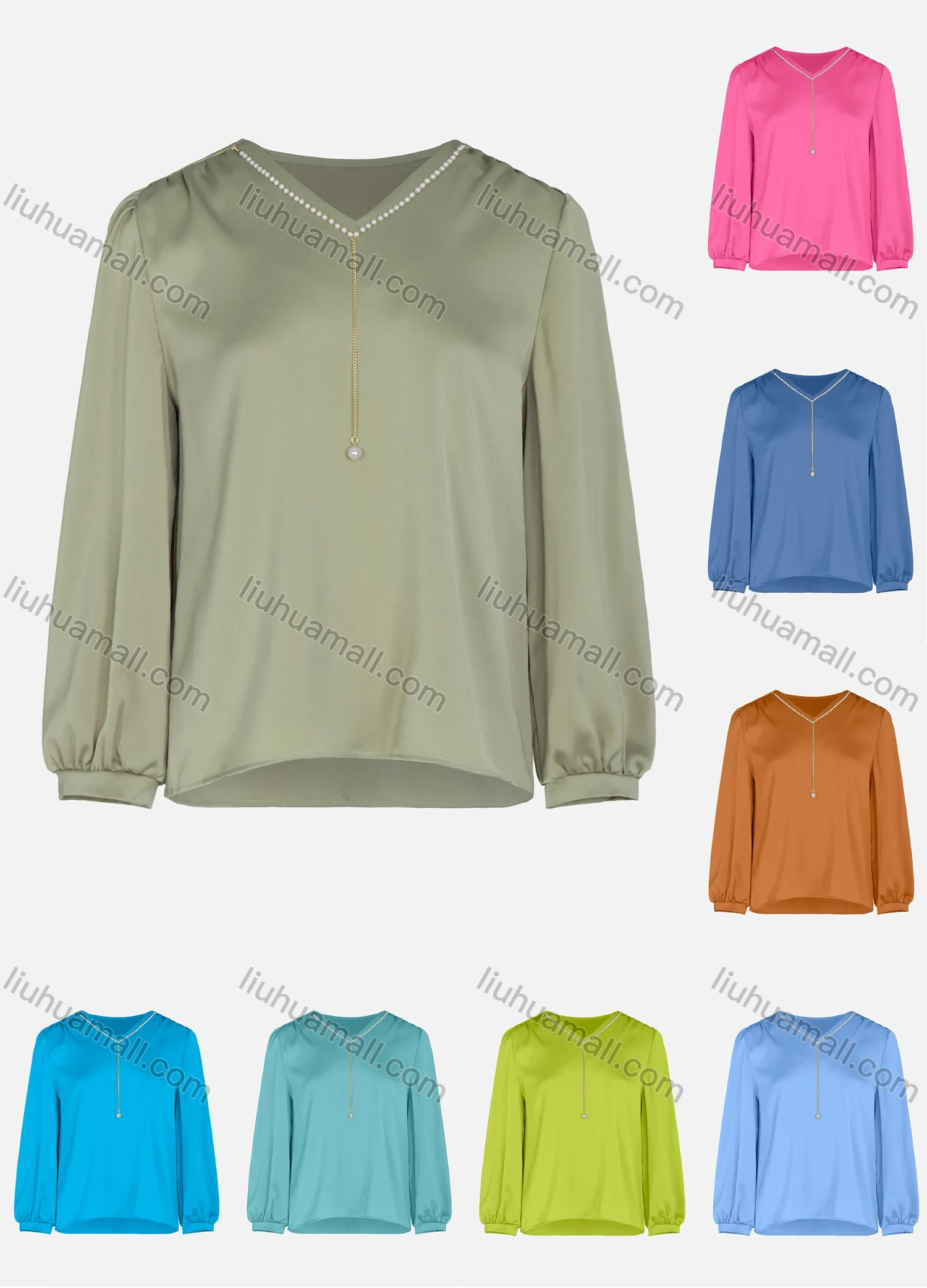 Wholesale Women's Elegant Long Sleeve V Neck Pearl Trim Pendant Plain Casual Top - Liuhuamall