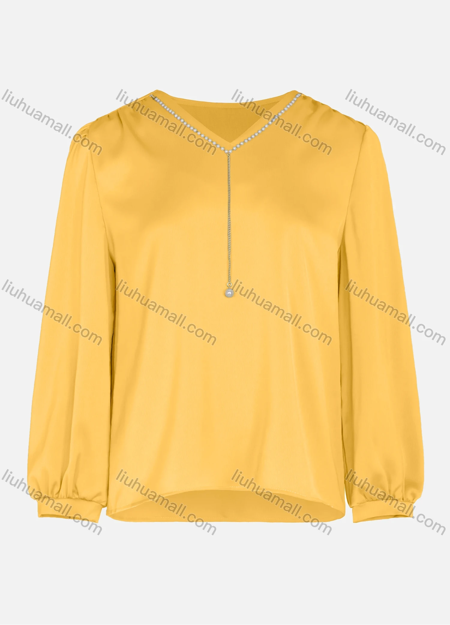 Wholesale Women's Elegant Long Sleeve V Neck Pearl Trim Pendant Plain Casual Top - Liuhuamall
