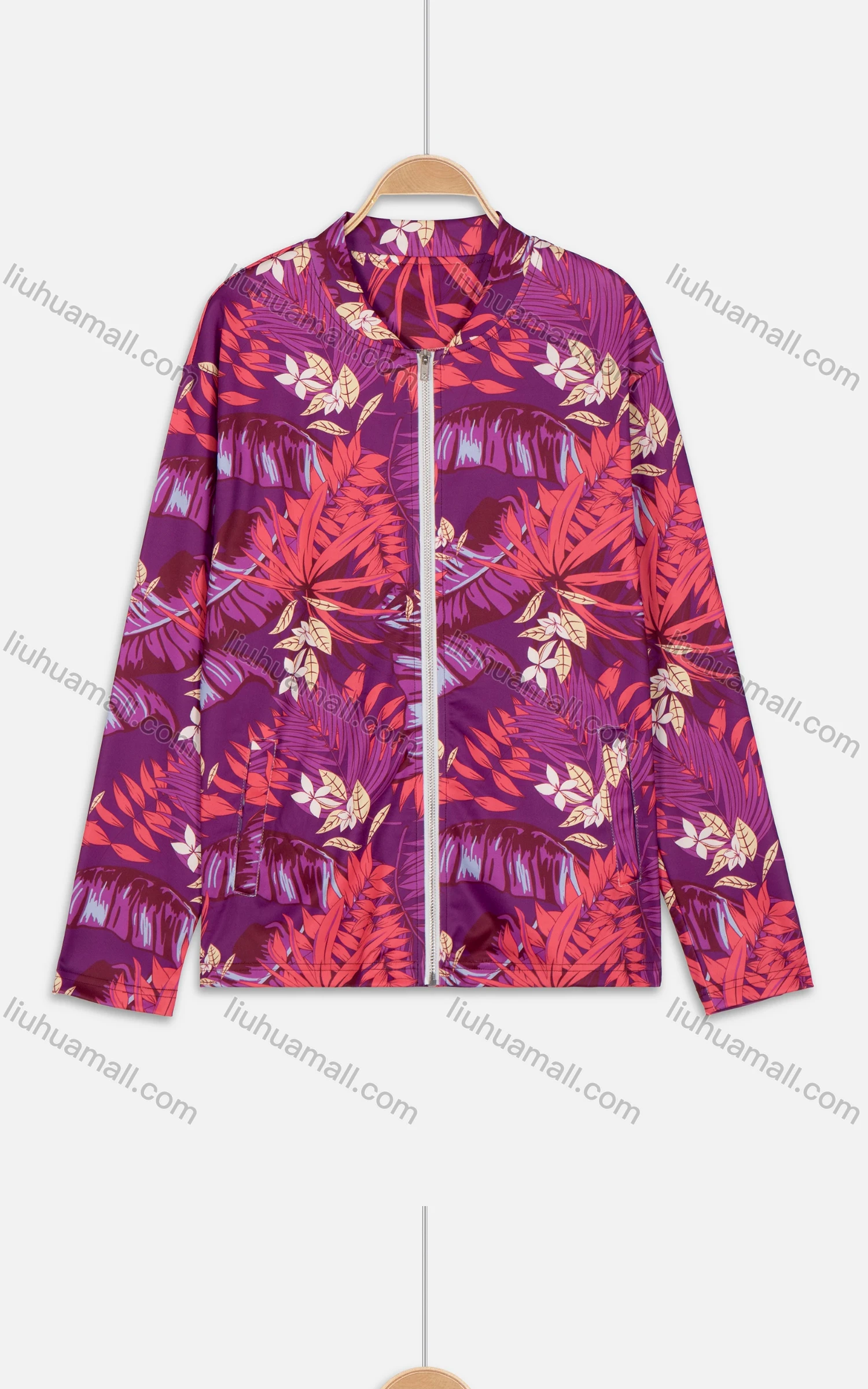 Wholesale Women's Spring/Fall Leaf Print Zip Up Long Sleeve Casual Jacket - Liuhuamall