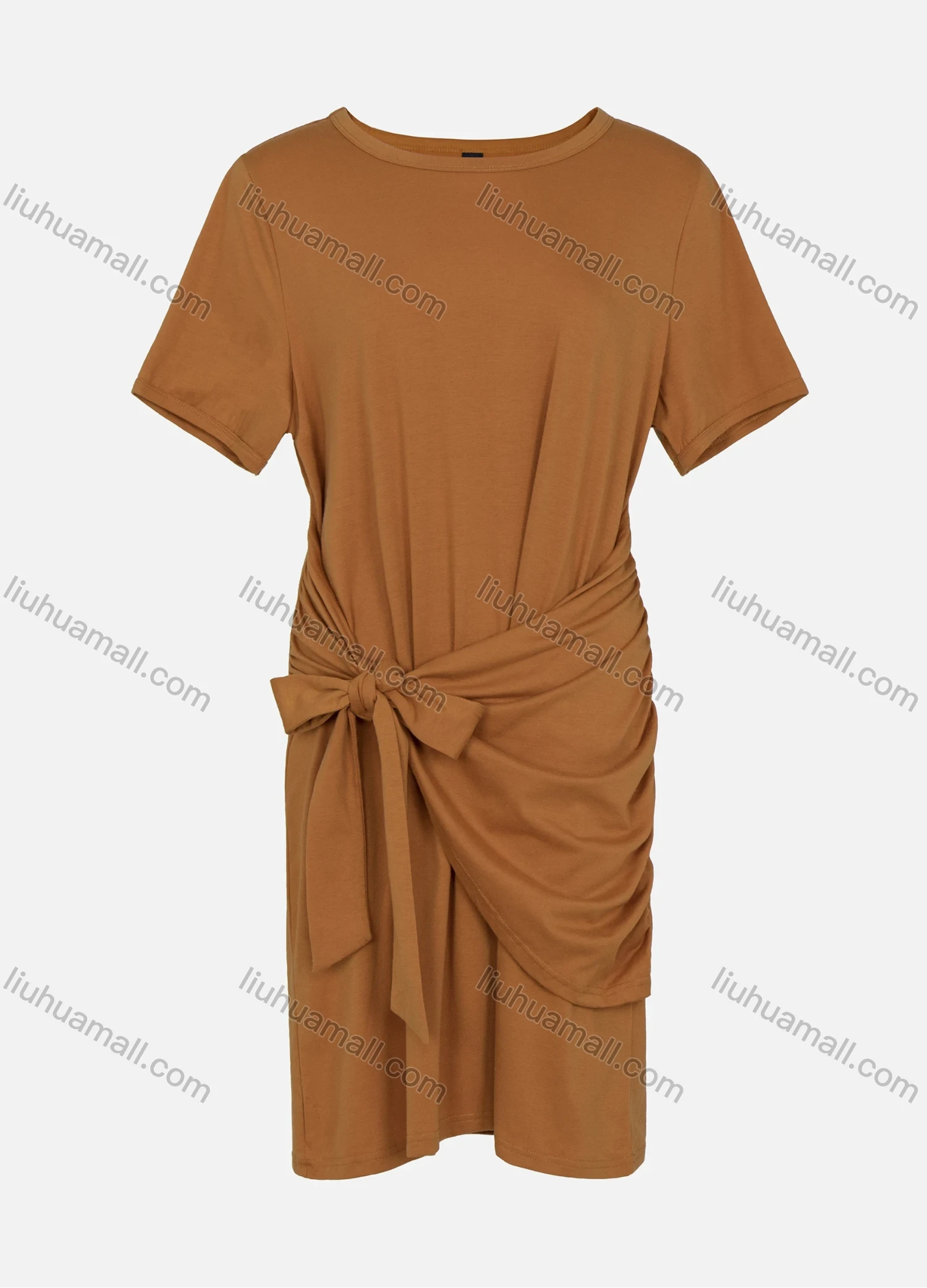 Wholesale Women's Casual Round Neck Short Sleeve Bowknot Tie Front Midi Dress - Liuhuamall