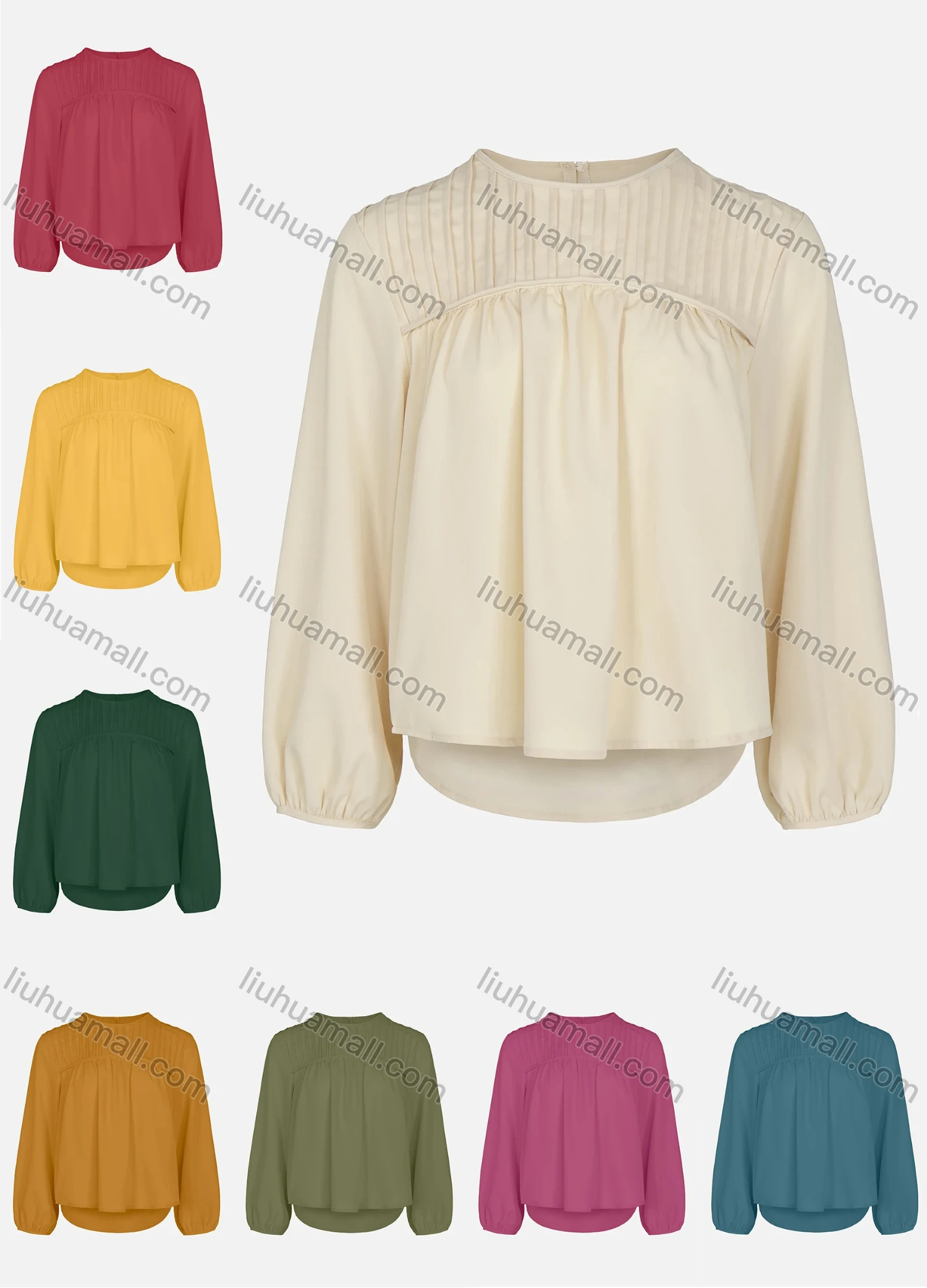 Wholesale Women Elegant Plain Mock Neck Bishop Sleeve Ruched Top - Liuhuamall