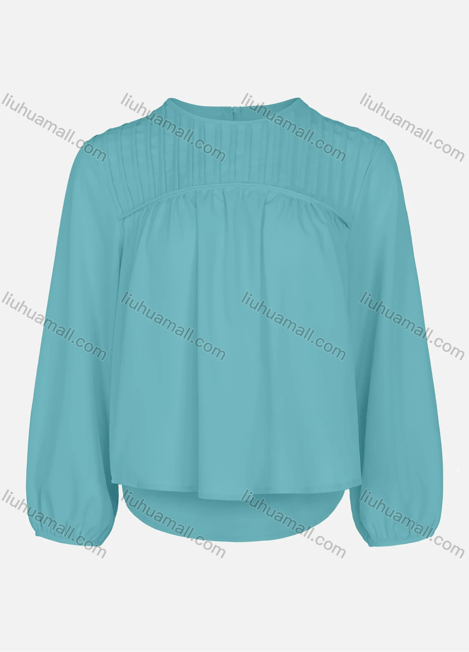 Wholesale Women Elegant Plain Mock Neck Bishop Sleeve Ruched Top - Liuhuamall