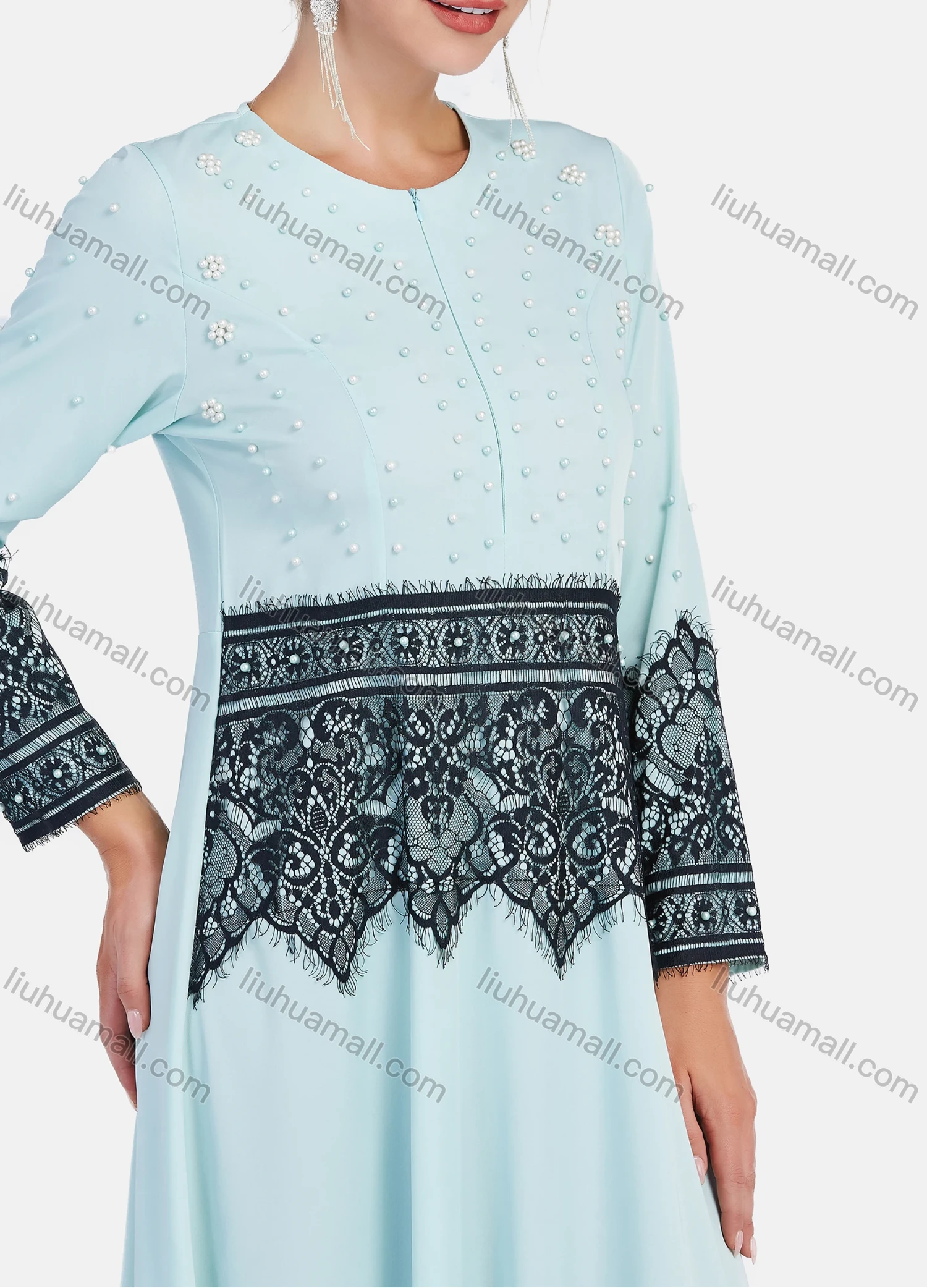 Wholesale Women's Elegant Floral Embroidery Pearl Decor Slim Fit Maxi Dress - Liuhuamall