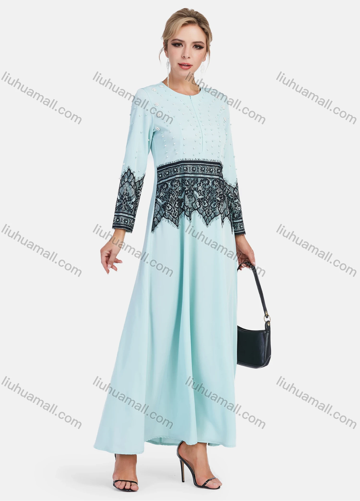 Wholesale Women's Elegant Floral Embroidery Pearl Decor Slim Fit Maxi Dress - Liuhuamall