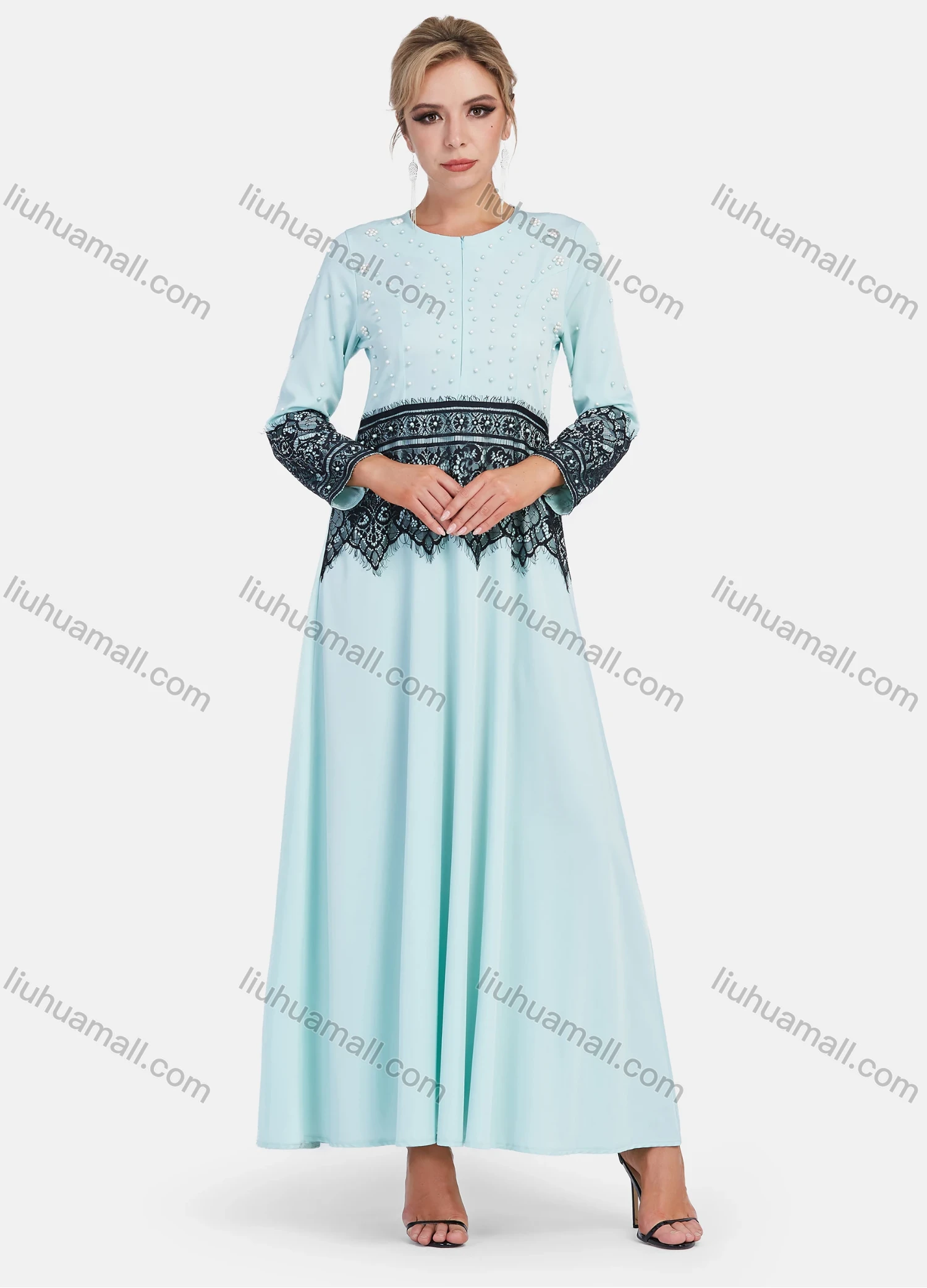 Wholesale Women's Elegant Floral Embroidery Pearl Decor Slim Fit Maxi Dress - Liuhuamall