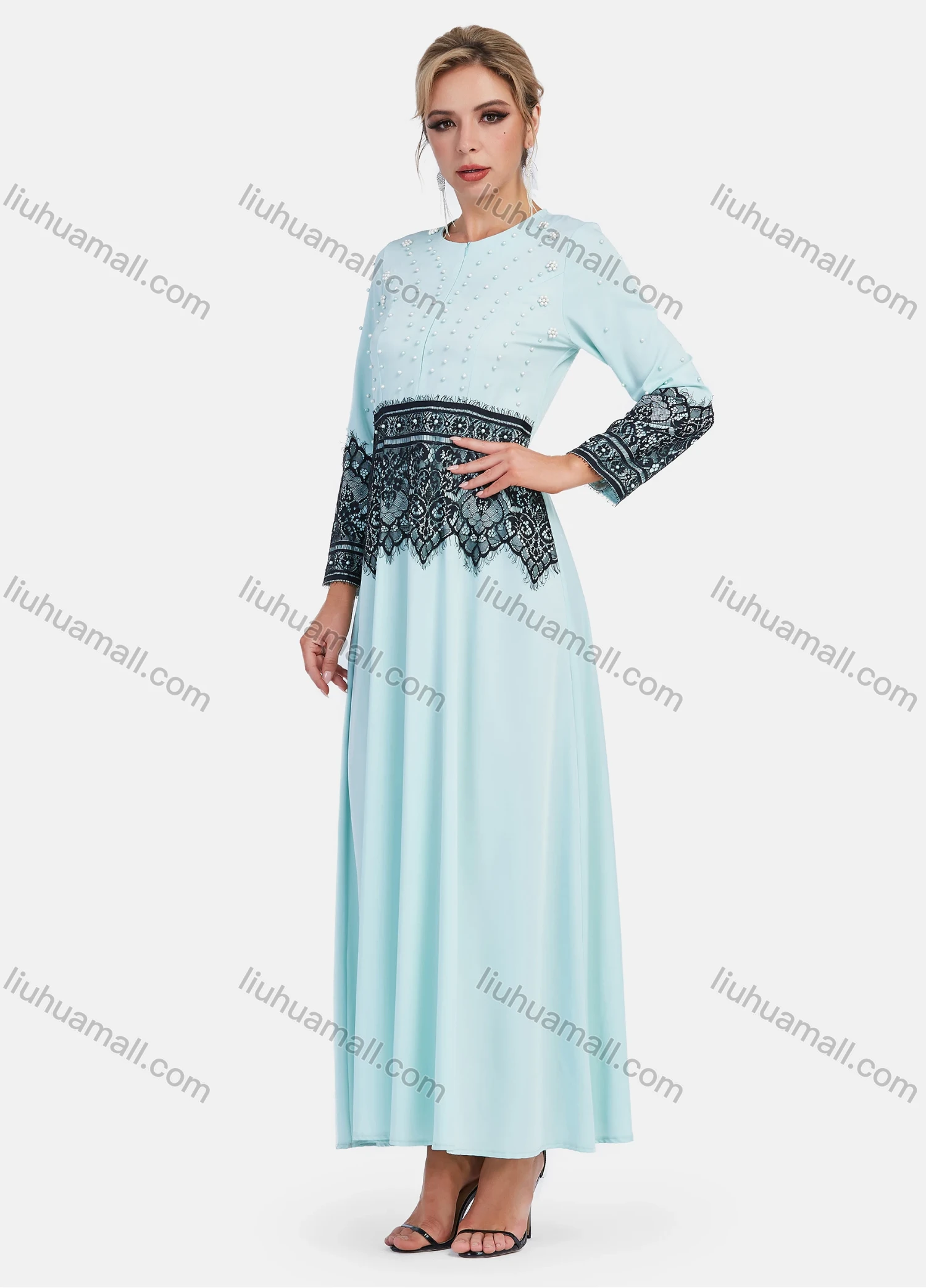Wholesale Women's Elegant Floral Embroidery Pearl Decor Slim Fit Maxi Dress - Liuhuamall