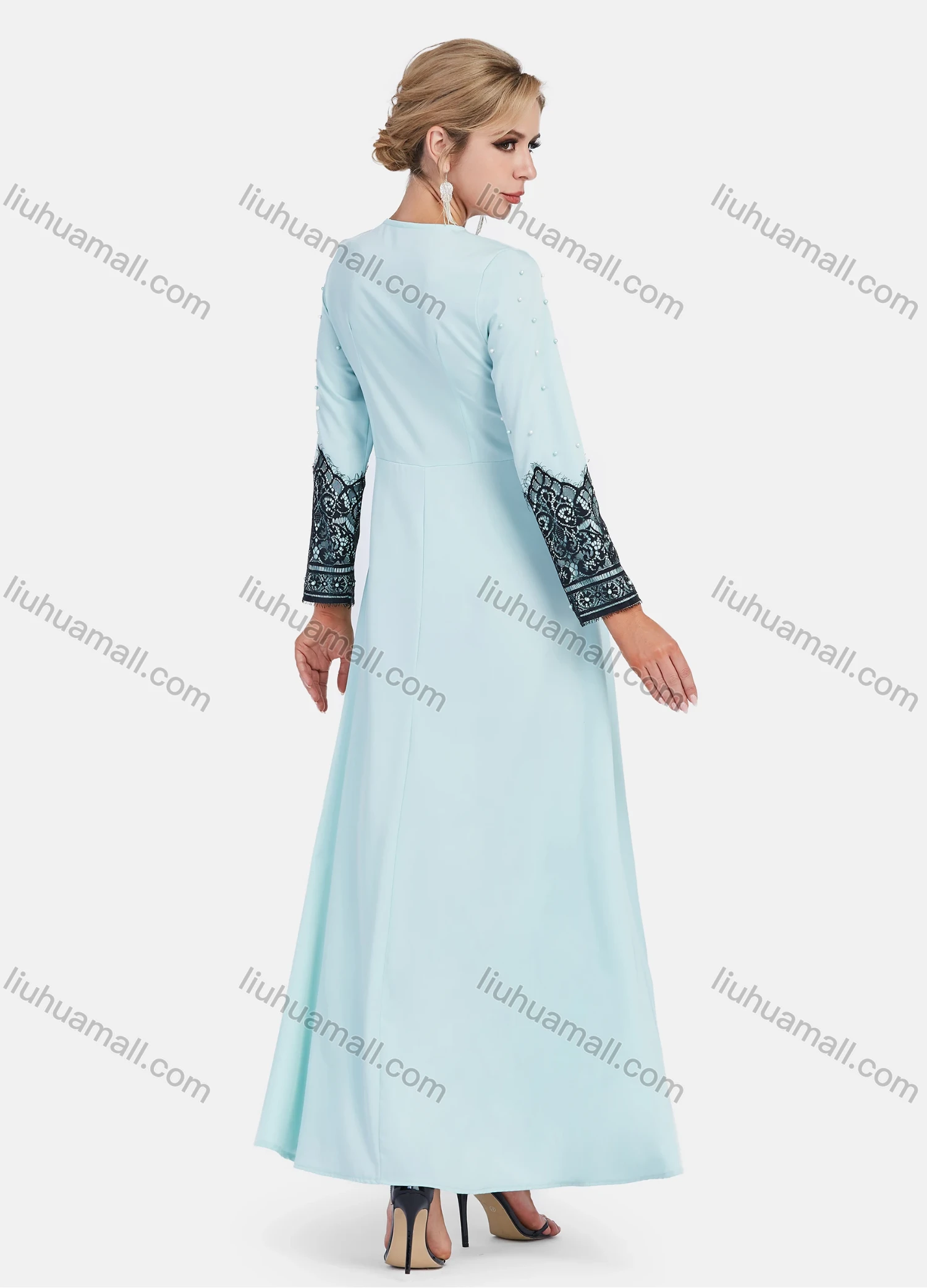 Wholesale Women's Elegant Floral Embroidery Pearl Decor Slim Fit Maxi Dress - Liuhuamall