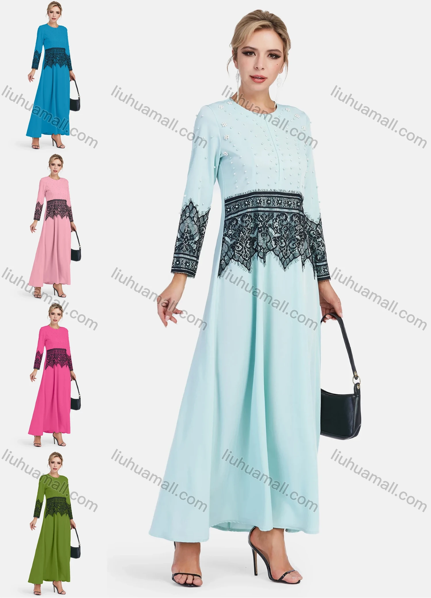 Wholesale Women's Elegant Floral Embroidery Pearl Decor Slim Fit Maxi Dress - Liuhuamall