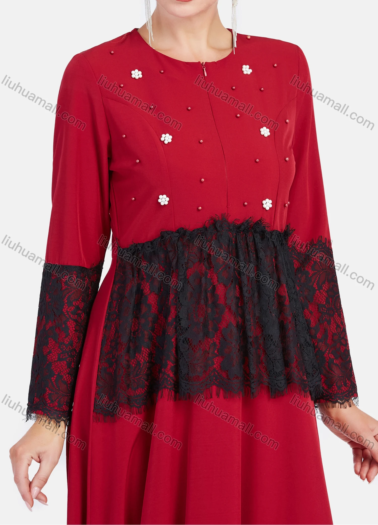 Wholesale Women's Elegant Embroidery Lace Long Sleeve Round Neck Pearl Decor Maxi Dress - Liuhuamall