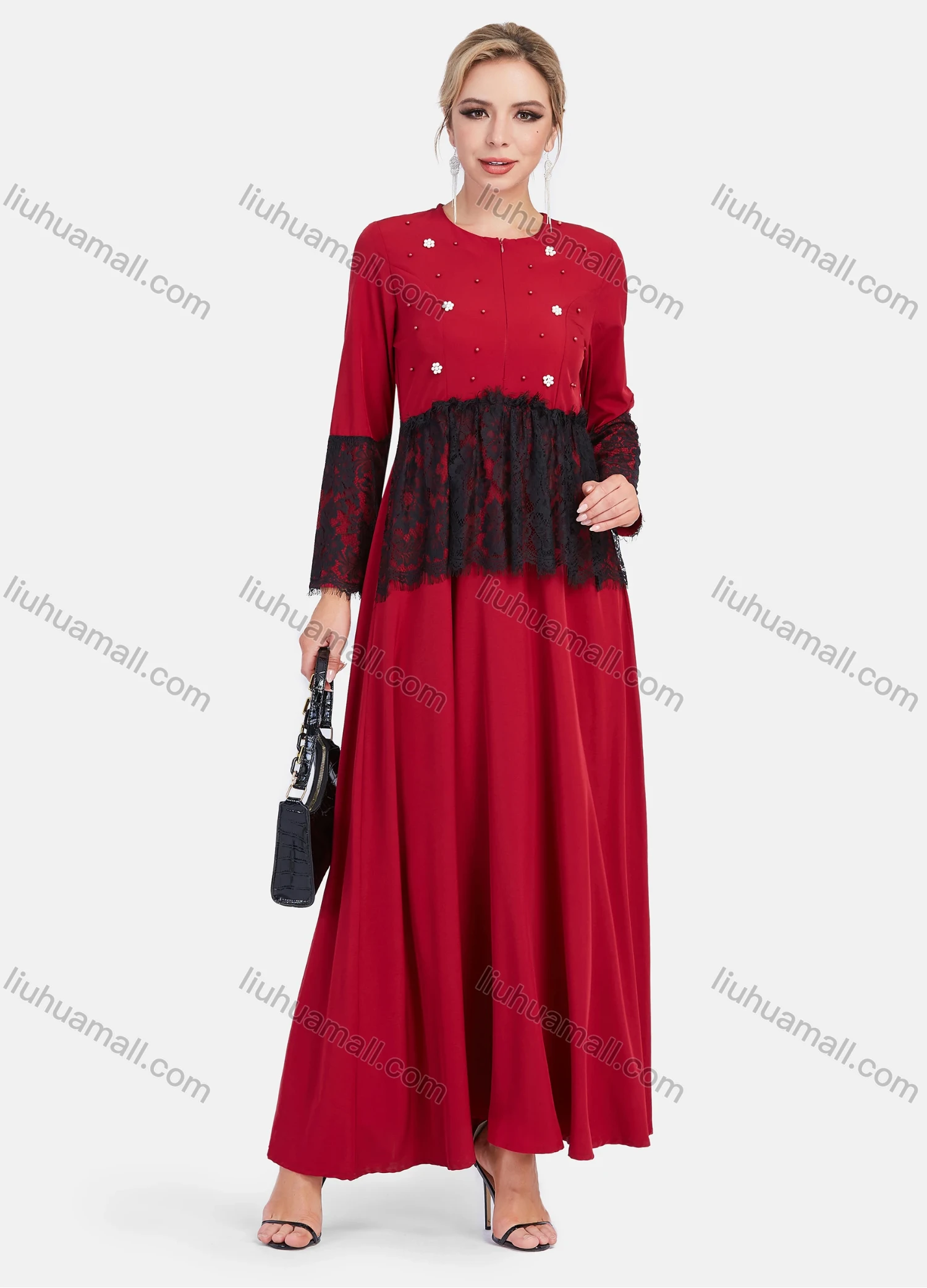 Wholesale Women's Elegant Embroidery Lace Long Sleeve Round Neck Pearl Decor Maxi Dress - Liuhuamall