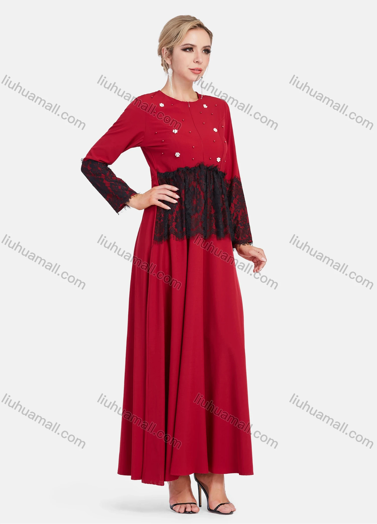 Wholesale Women's Elegant Embroidery Lace Long Sleeve Round Neck Pearl Decor Maxi Dress - Liuhuamall