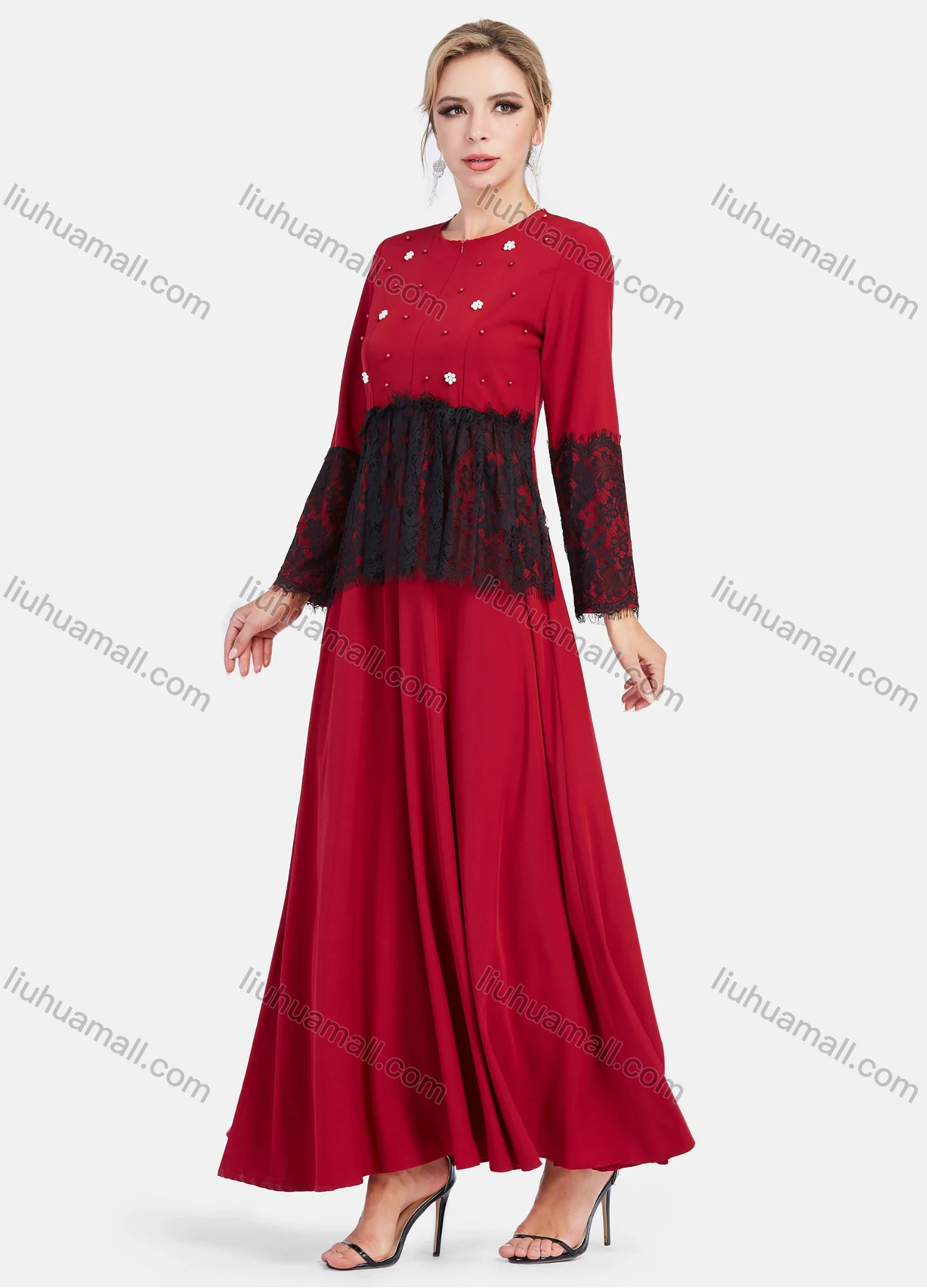Wholesale Women's Elegant Embroidery Lace Long Sleeve Round Neck Pearl Decor Maxi Dress - Liuhuamall