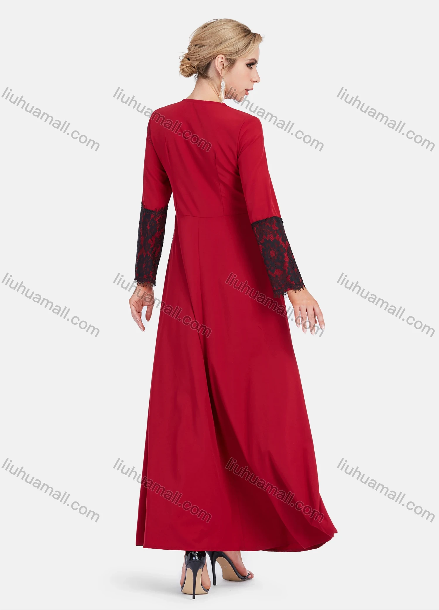 Wholesale Women's Elegant Embroidery Lace Long Sleeve Round Neck Pearl Decor Maxi Dress - Liuhuamall