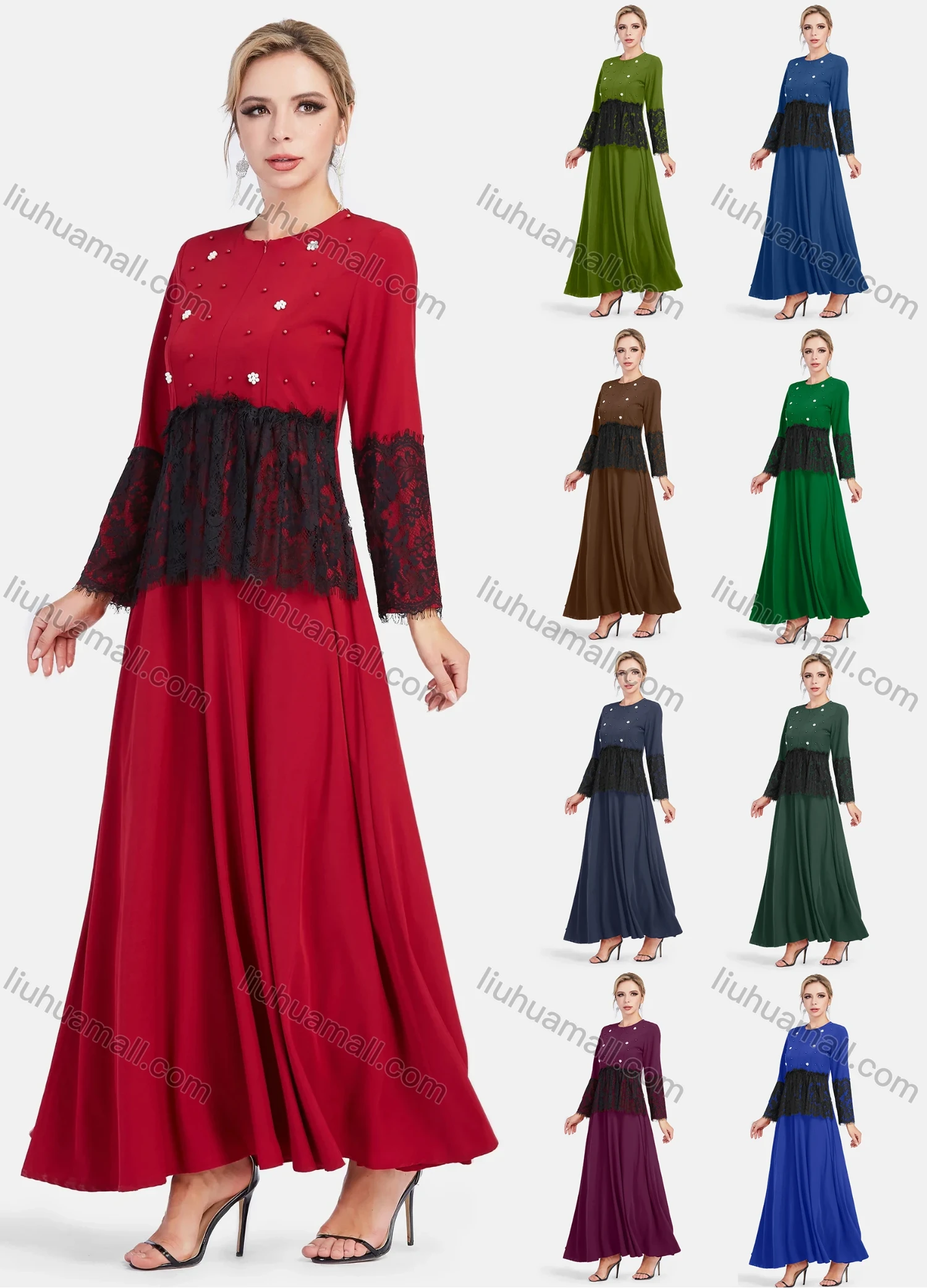 Wholesale Women's Elegant Embroidery Lace Long Sleeve Round Neck Pearl Decor Maxi Dress - Liuhuamall