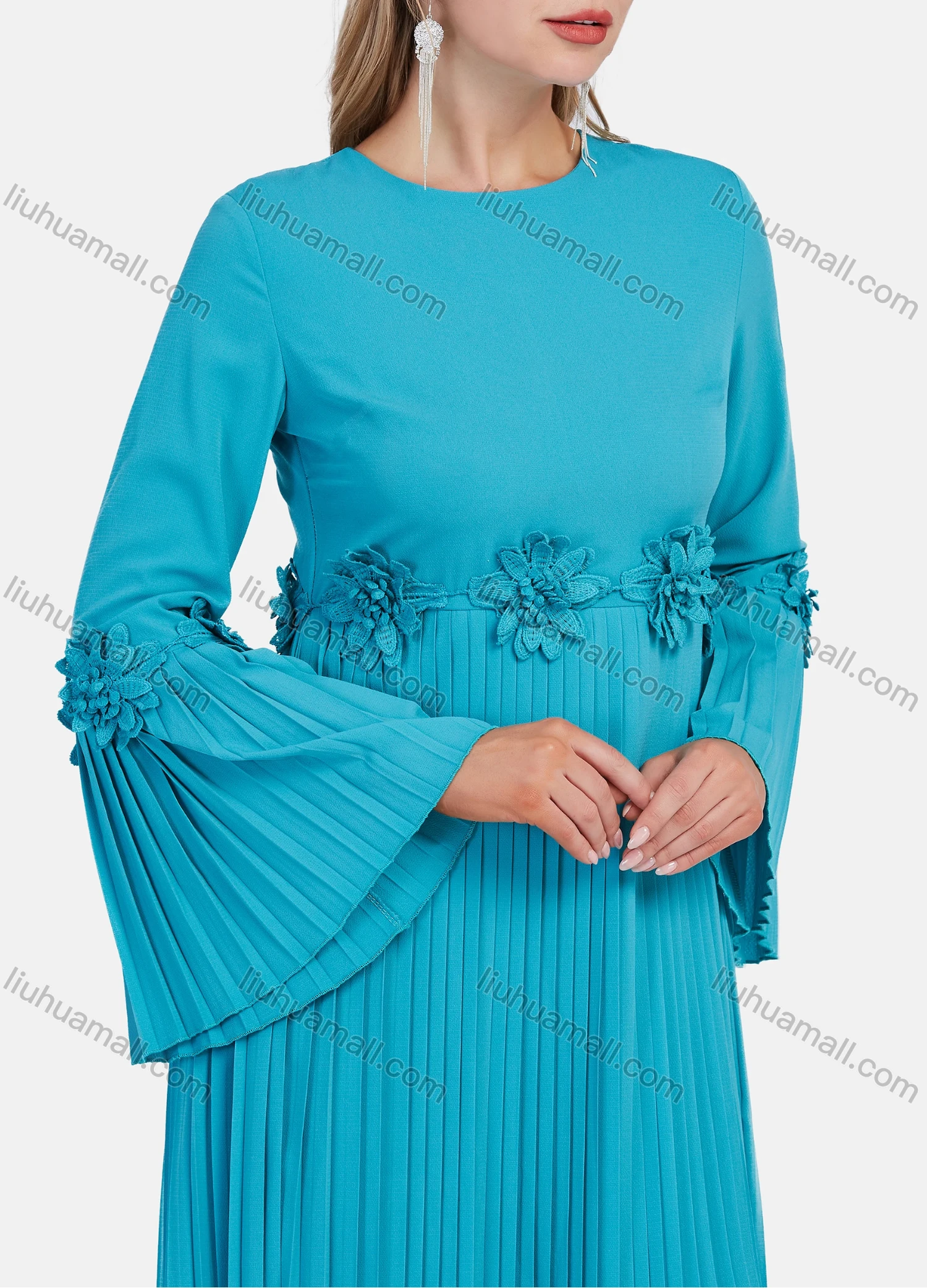 Wholesale Women's Elegant Elegant Bell Sleeve Appliques Accordion Pleated Maxi Dress - Liuhuamall