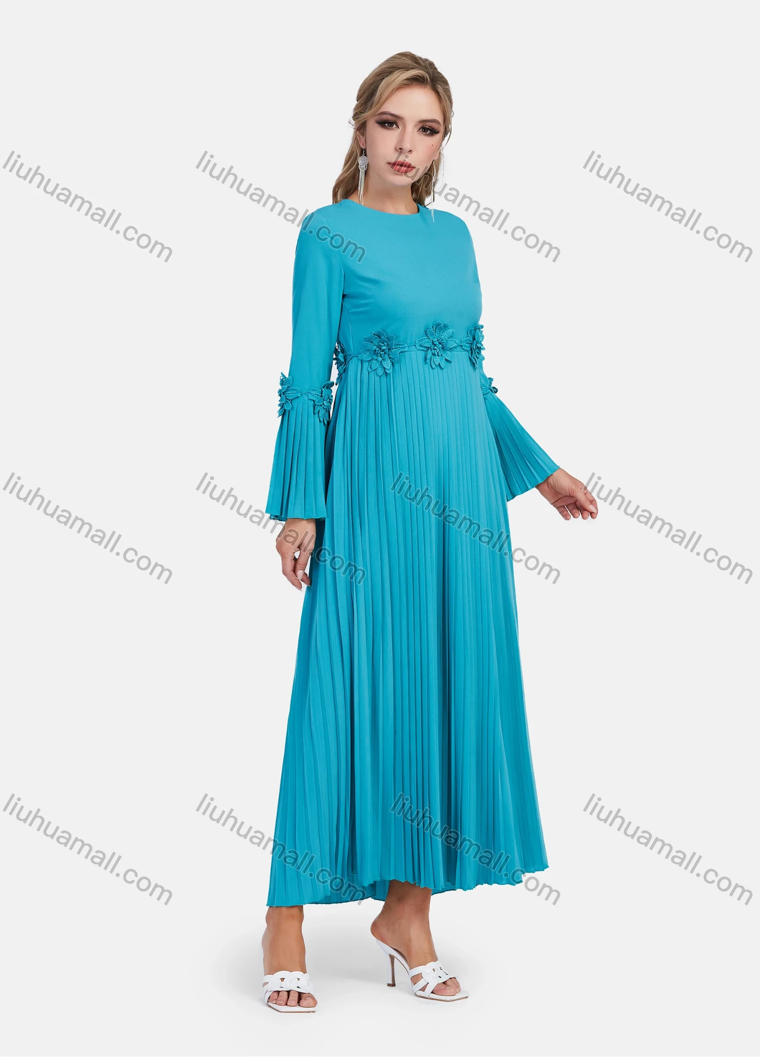 Wholesale Women's Elegant Elegant Bell Sleeve Appliques Accordion Pleated Maxi Dress - Liuhuamall