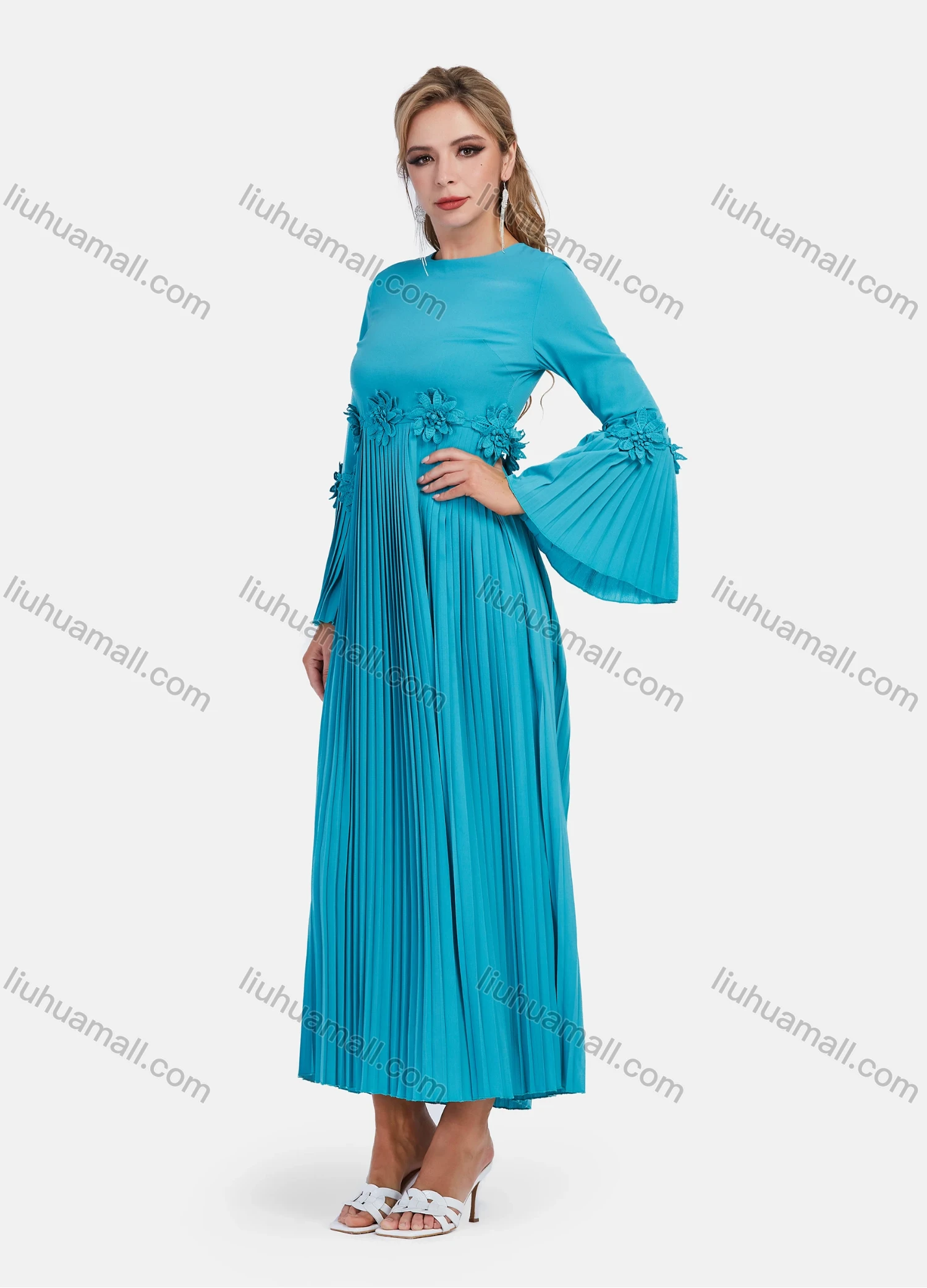Wholesale Women's Elegant Elegant Bell Sleeve Appliques Accordion Pleated Maxi Dress - Liuhuamall