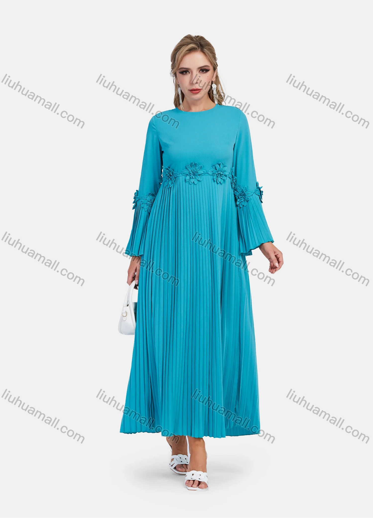 Wholesale Women's Elegant Elegant Bell Sleeve Appliques Accordion Pleated Maxi Dress - Liuhuamall