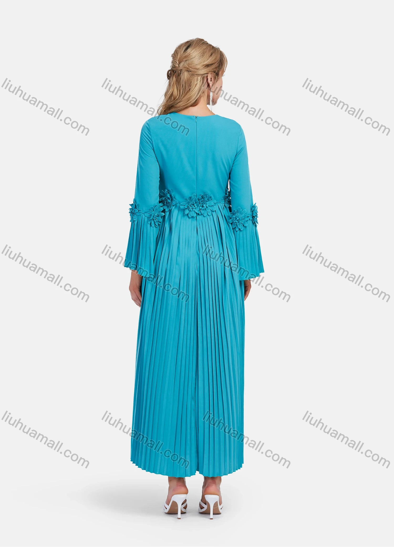 Wholesale Women's Elegant Elegant Bell Sleeve Appliques Accordion Pleated Maxi Dress - Liuhuamall