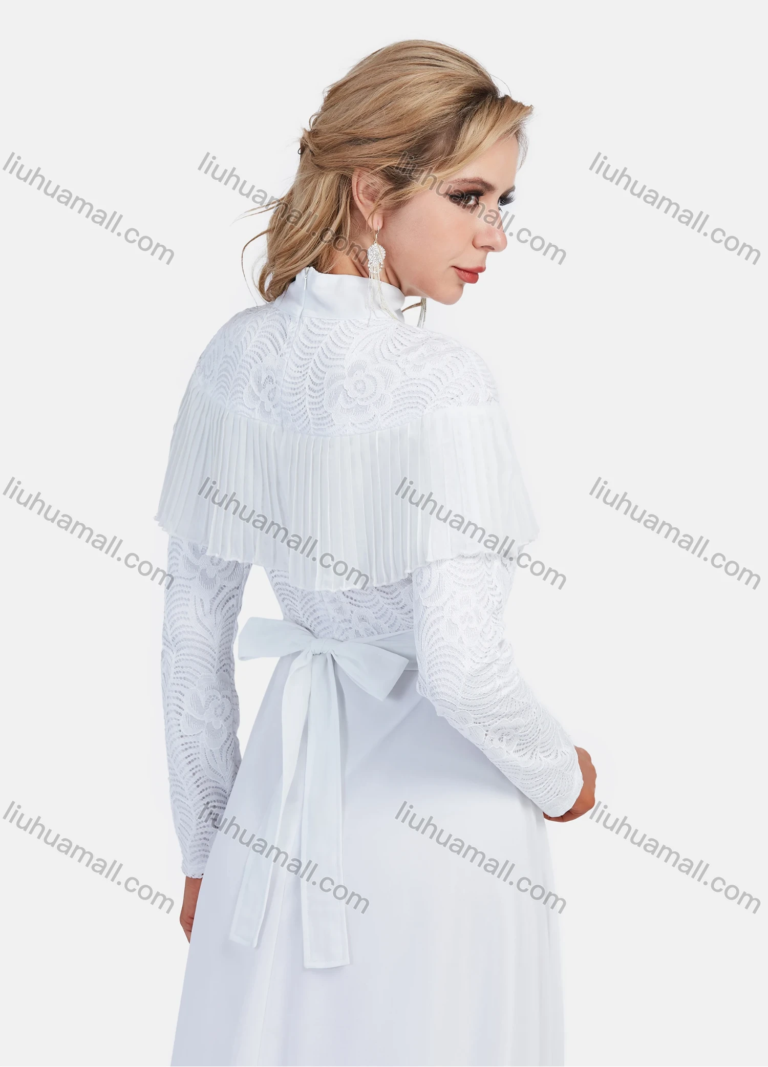 Wholesale Women's Elegant Chiffon High Neck A-Line Embroidery Cape Lace Hem Tie Back Dress - Liuhuamall