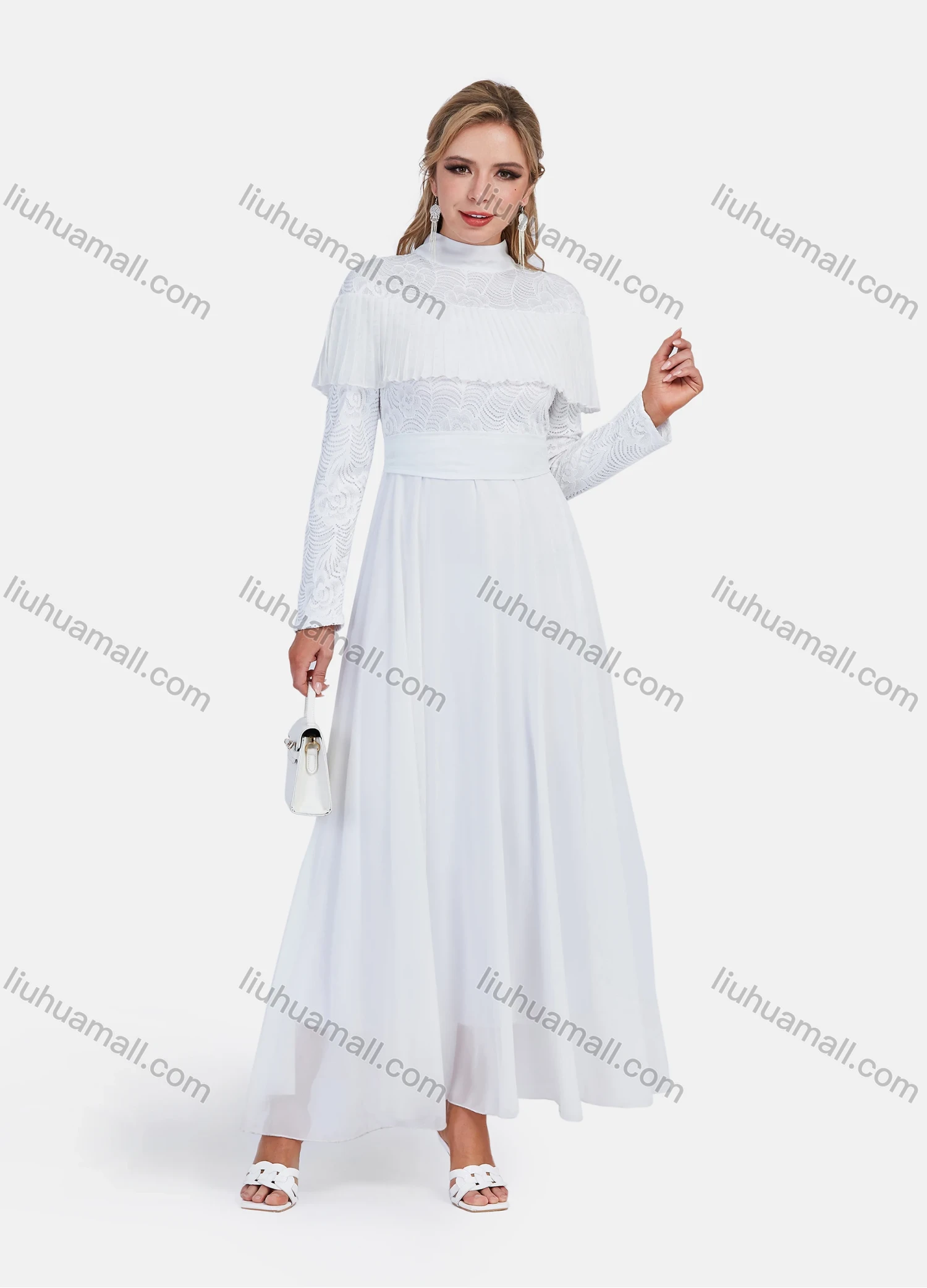 Wholesale Women's Elegant Chiffon High Neck A-Line Embroidery Cape Lace Hem Tie Back Dress - Liuhuamall